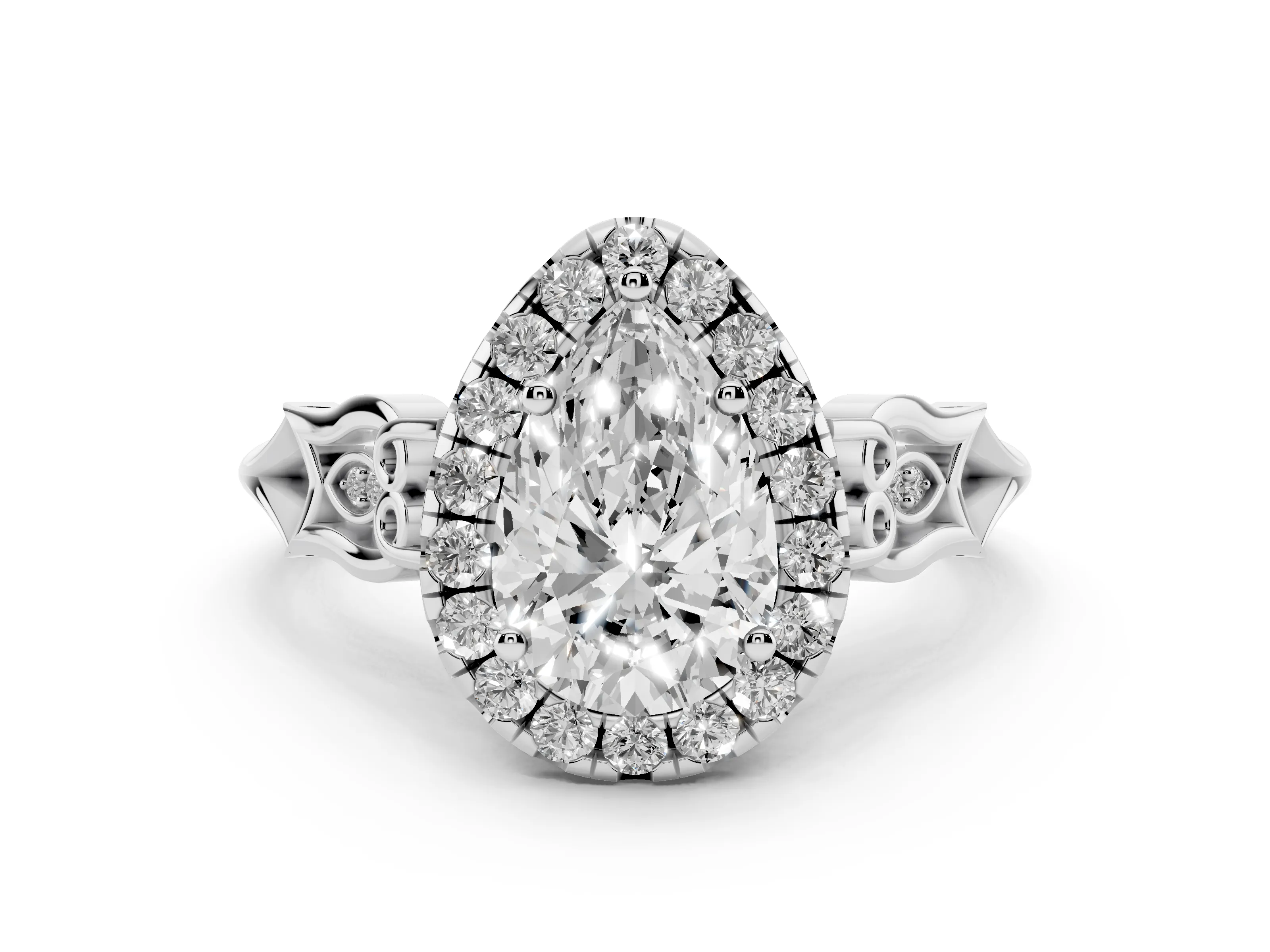 Pear Cut Diamond Halo Engagement Ring Set in White gold with Filigree Band and Prong-Set Center