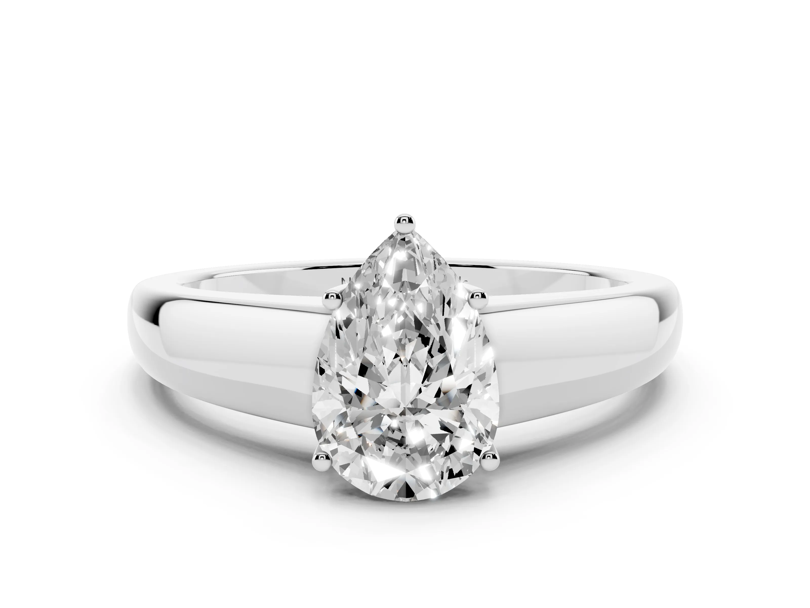 Pear Cut Diamond Solitaire Ring Set in White gold with Tapered Band and Prong Setting