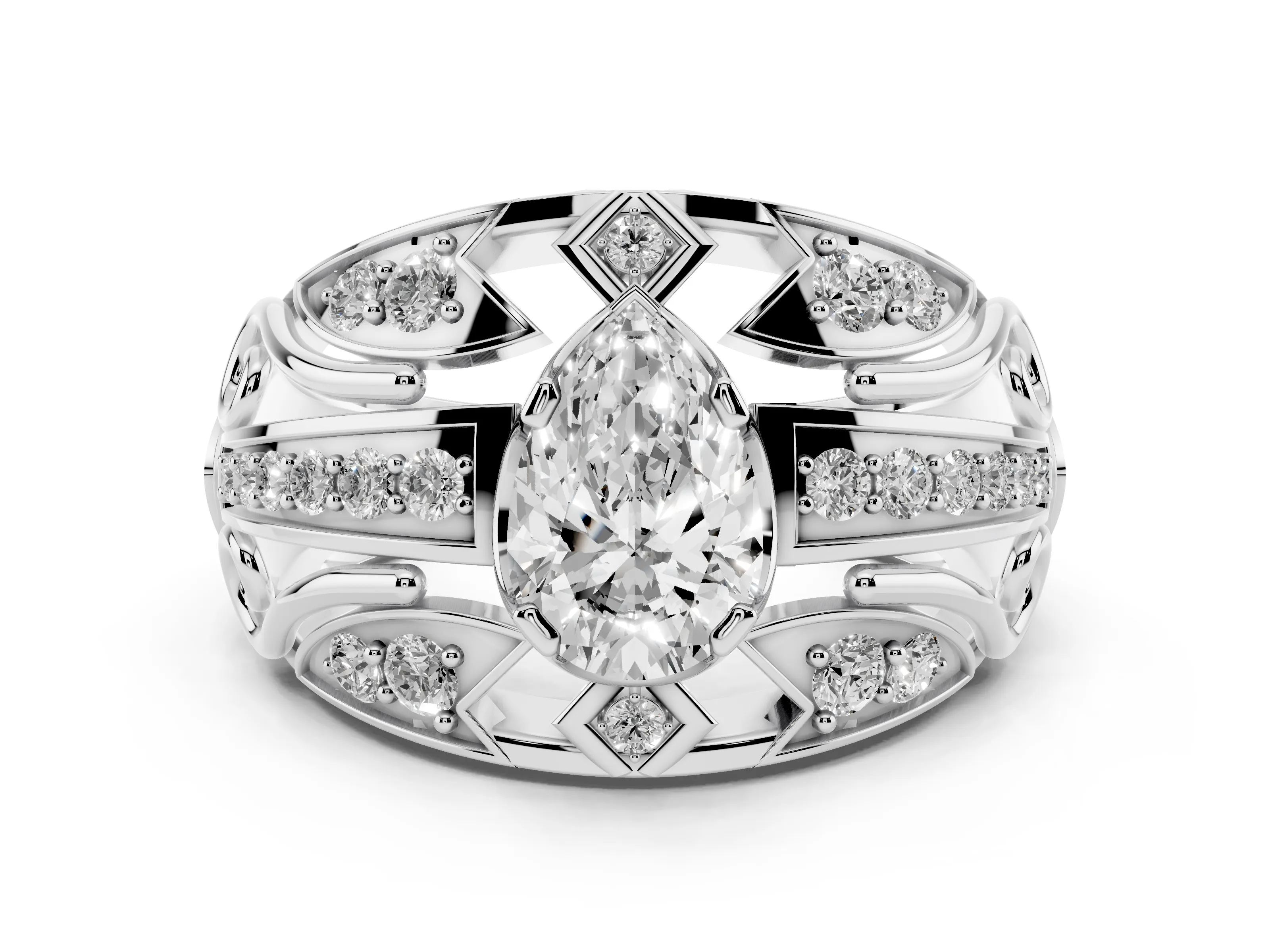 Pear Cut Diamond Art Deco Ring Set in White gold with Pavé Split Shank