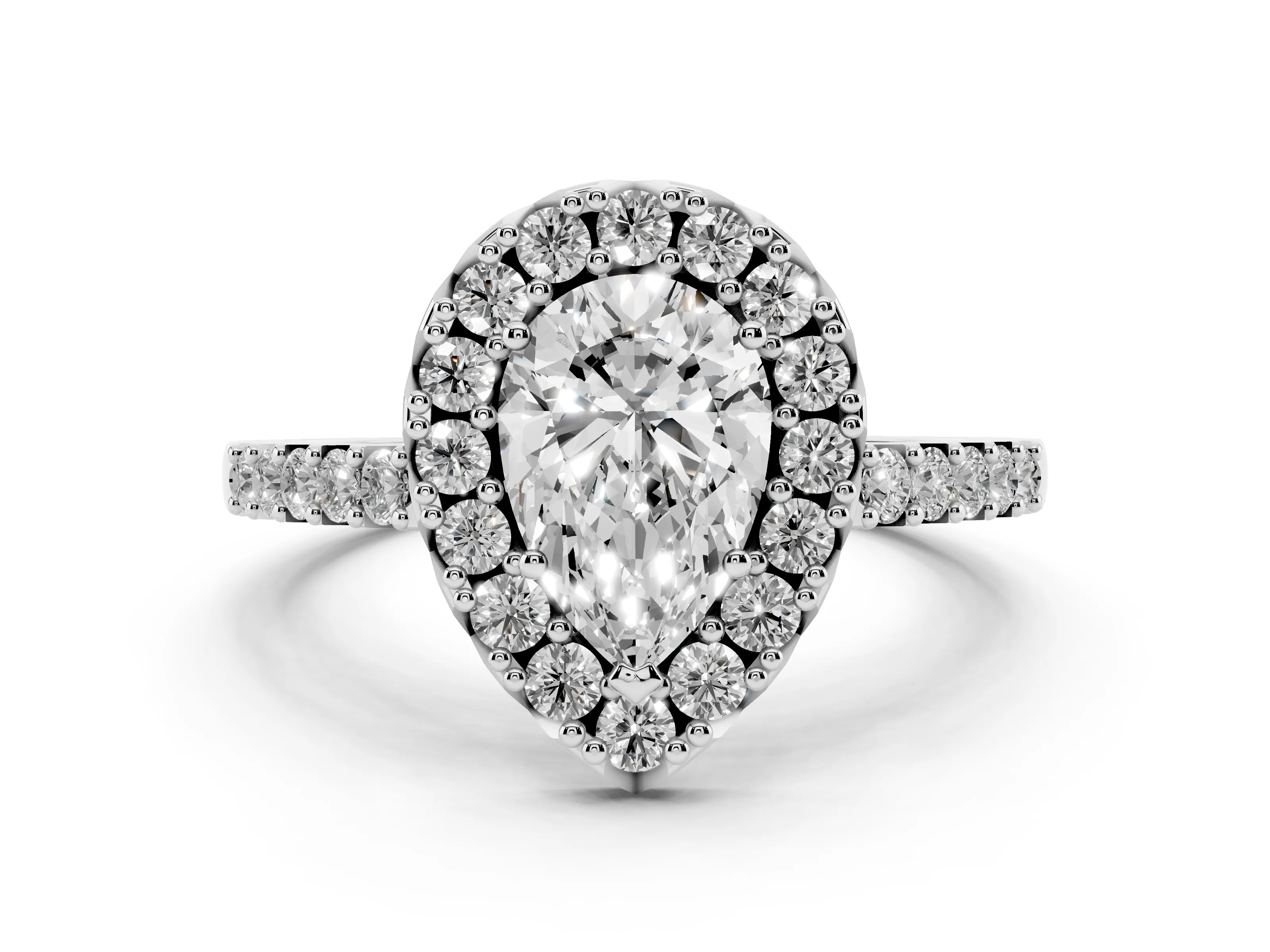 Pear Cut Diamond Halo Pavé Solitaire Ring Set in White gold with Prong-Set Center Stone