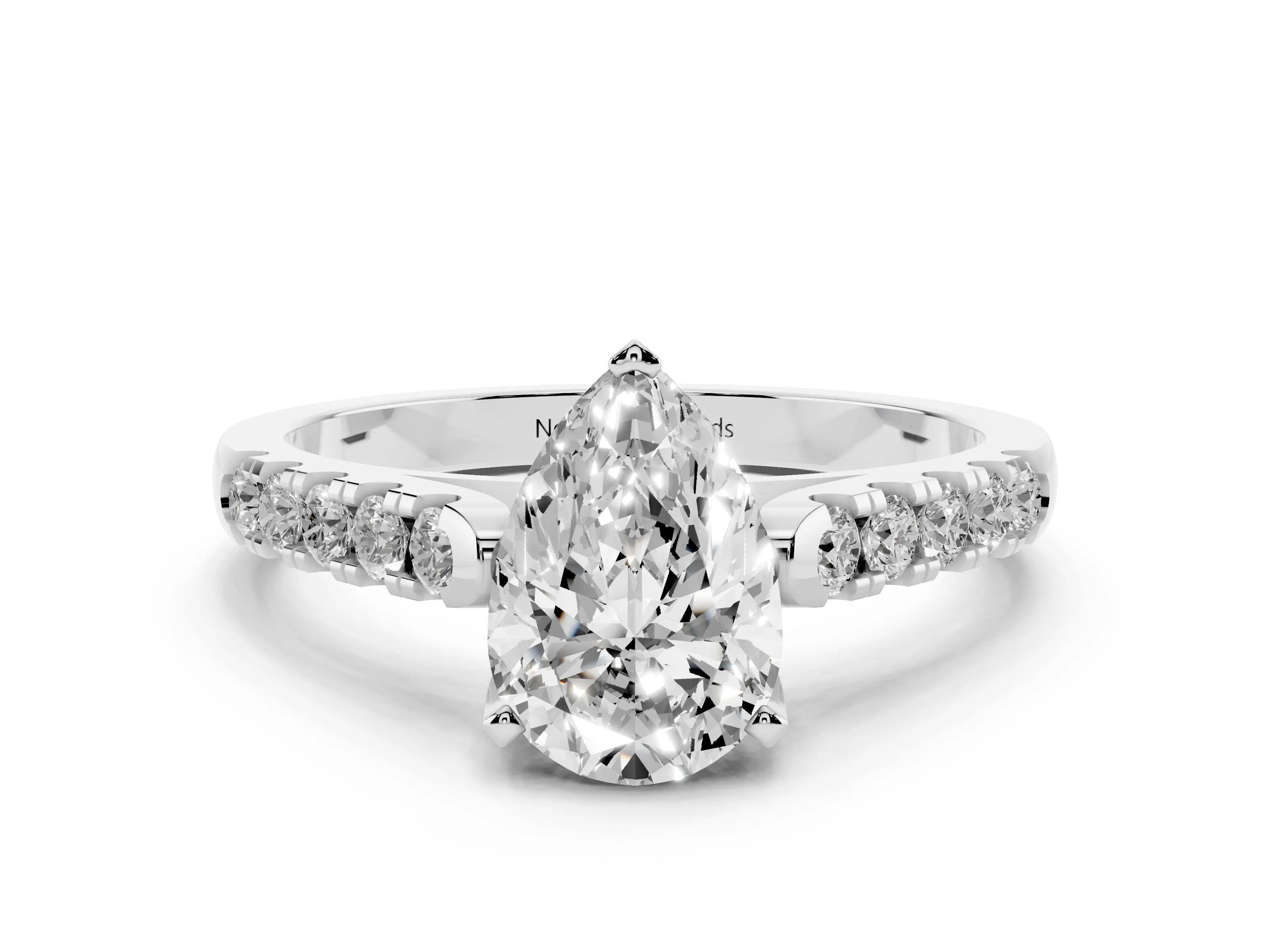 Pear Cut Diamond Pavé Band Solitaire Ring Set in White gold with Partway Accent Stones and Prong Setting