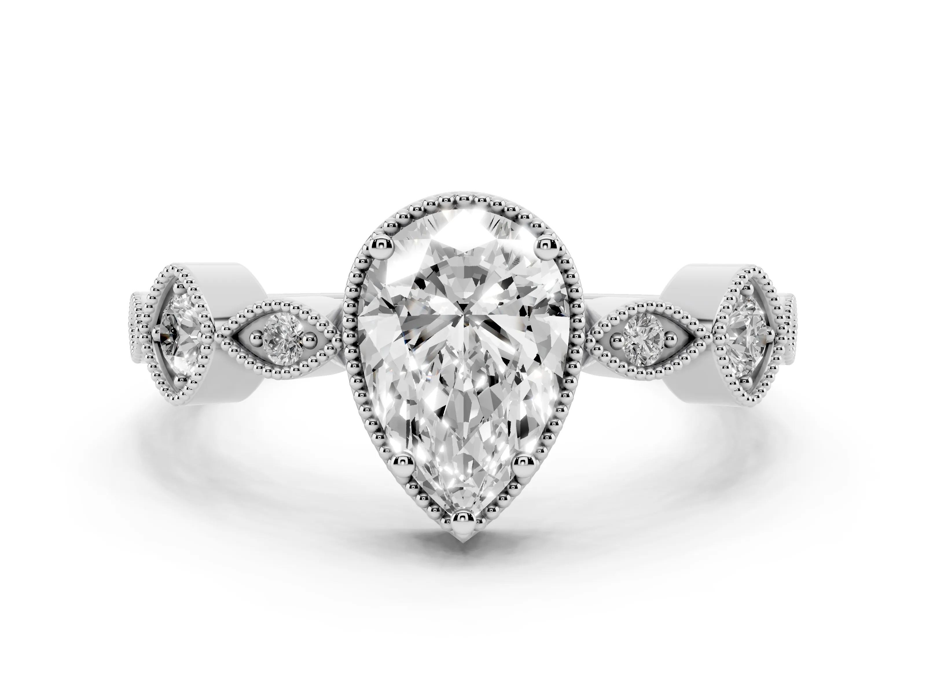 Pear Cut Diamond Vintage-Inspired Milgrain Ring Set in Platinum with Marquise Stations of Round Accents
