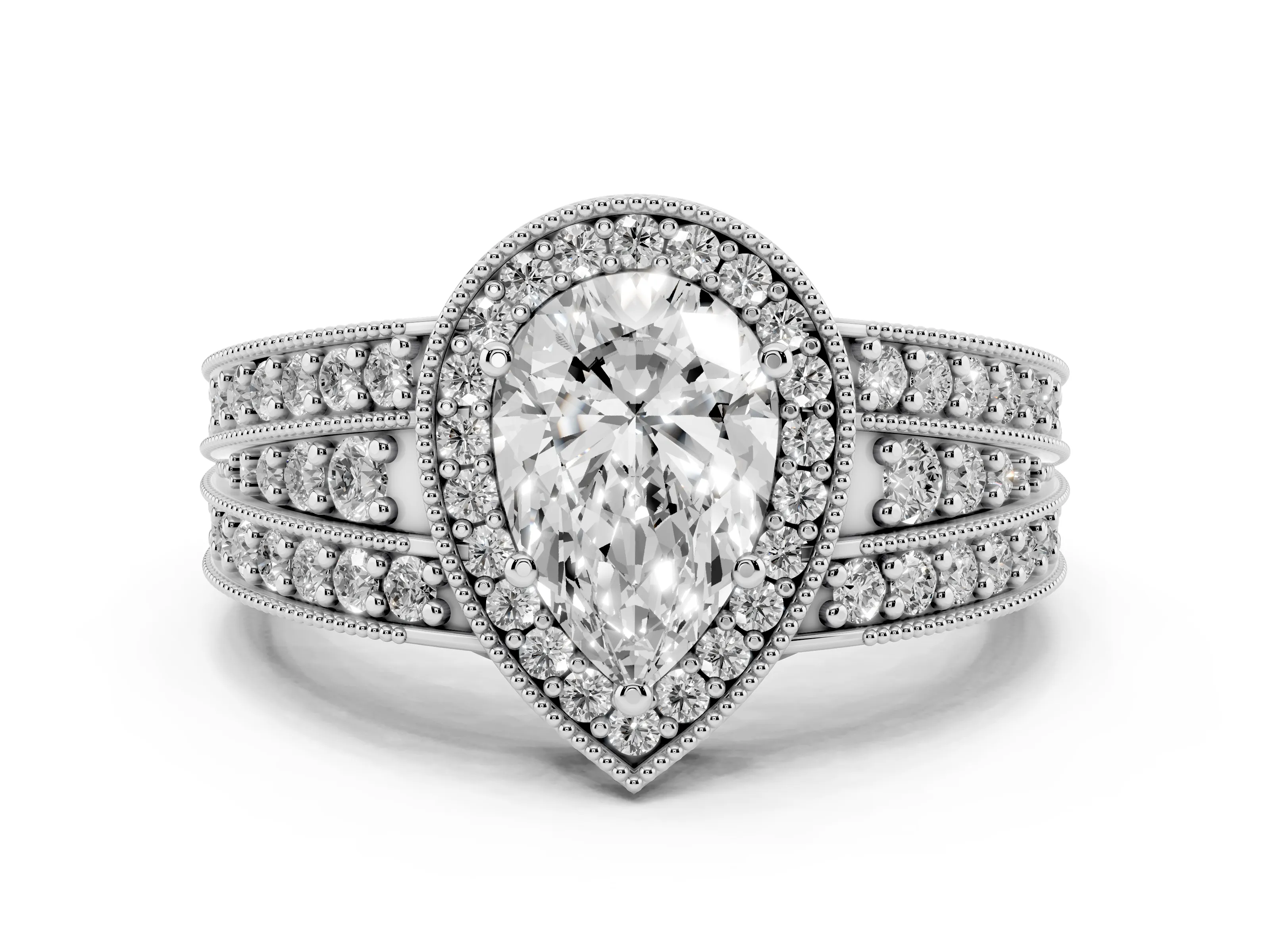 Pear Cut Diamond Halo Ring Set in Platinum with Accent Split Shank and Prong Setting