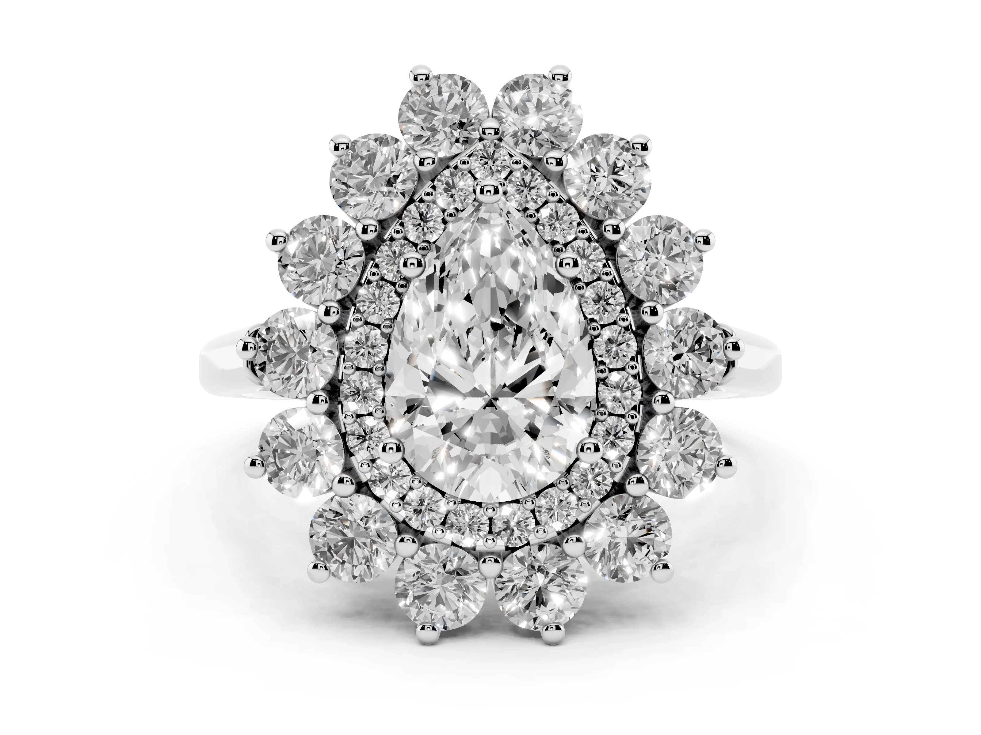 Pear Cut Diamond Floral Double Halo Ring Set in White gold with Round Petals