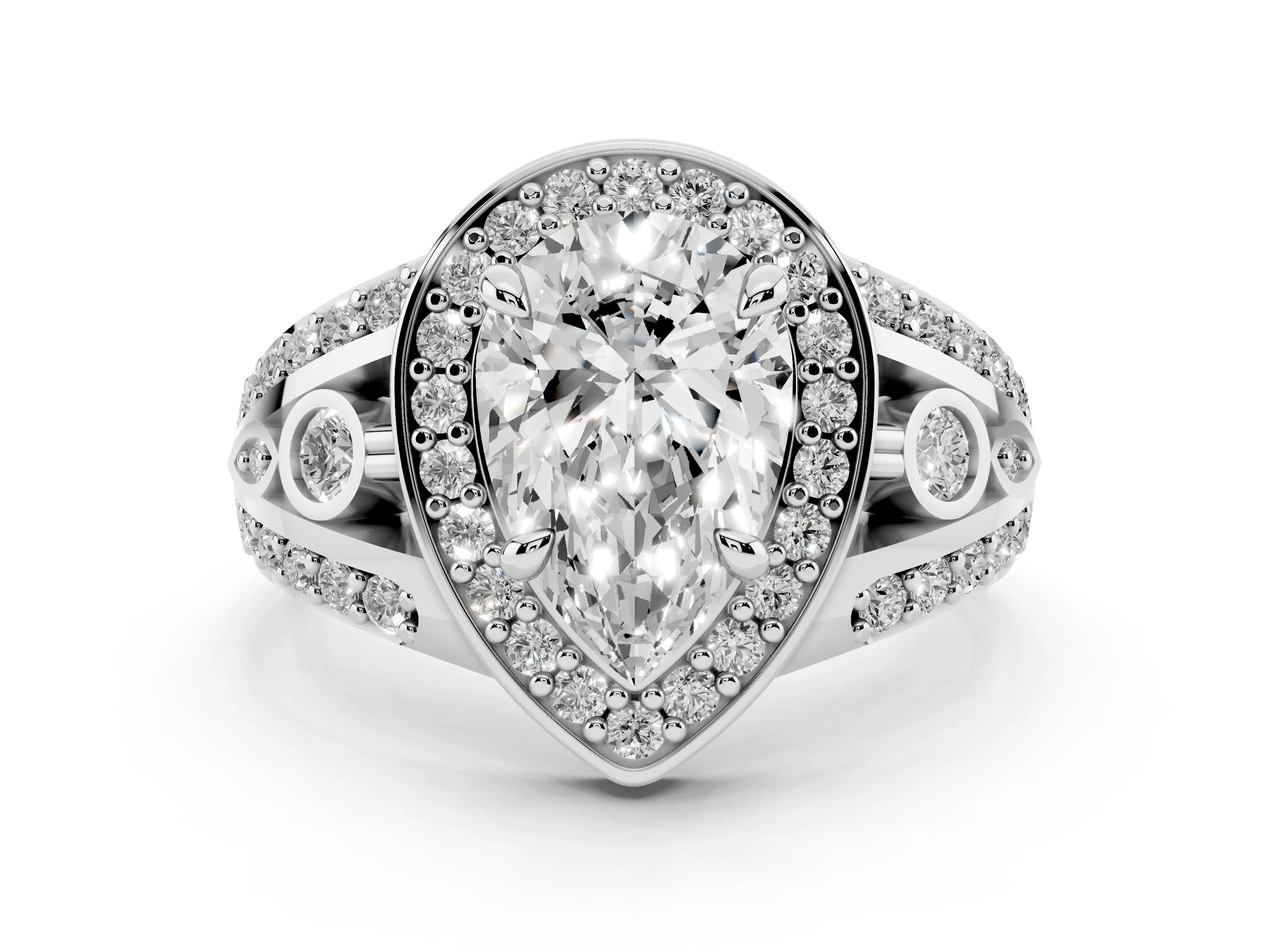 Pear Cut Diamond Halo Ring Set in Platinum with Pavé Split Shank and Bezel Accents