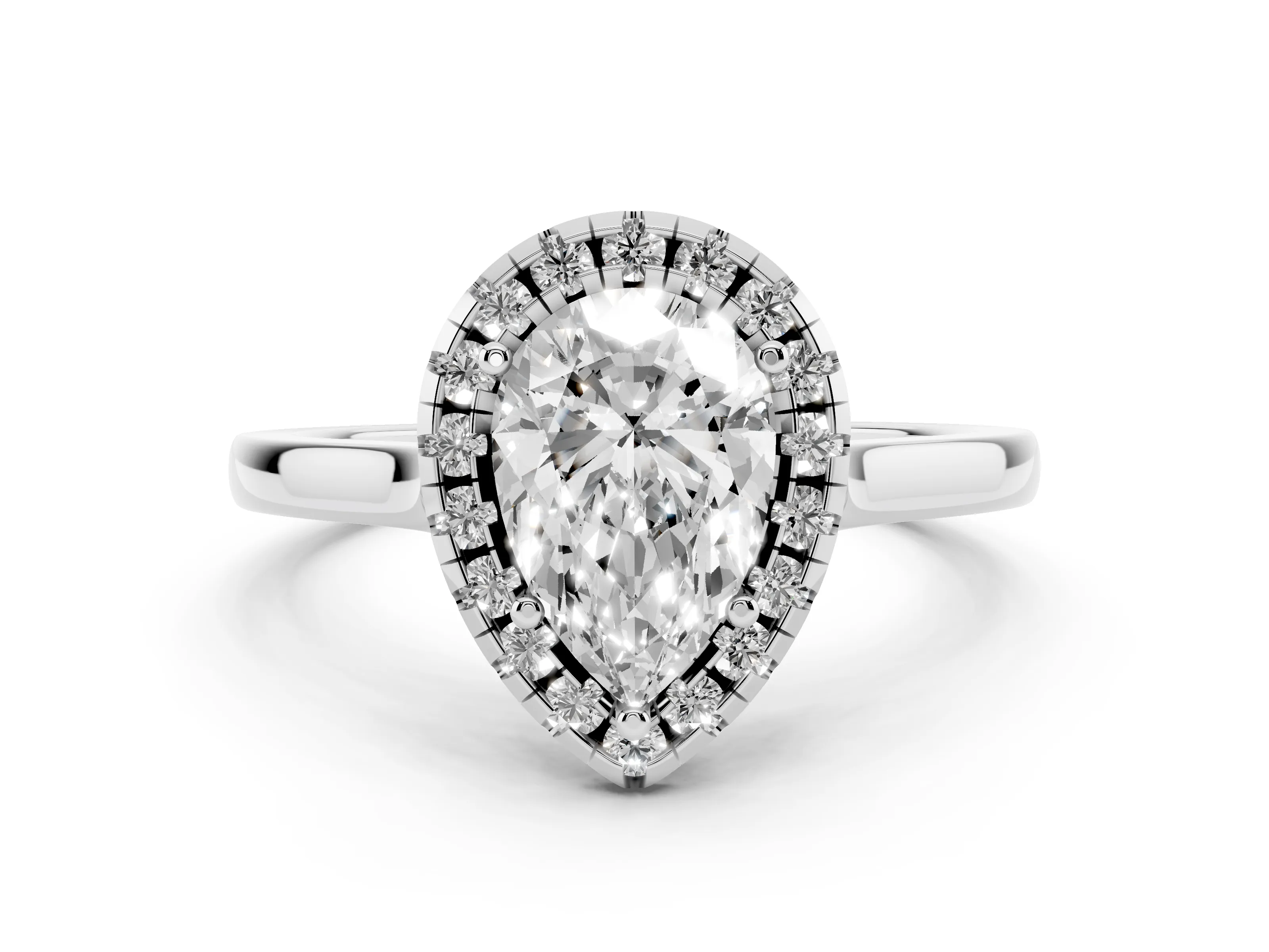 Pear Cut Halo Round Diamond Solitaire Ring Set in Platinum with Pavé Band and Prong Setting