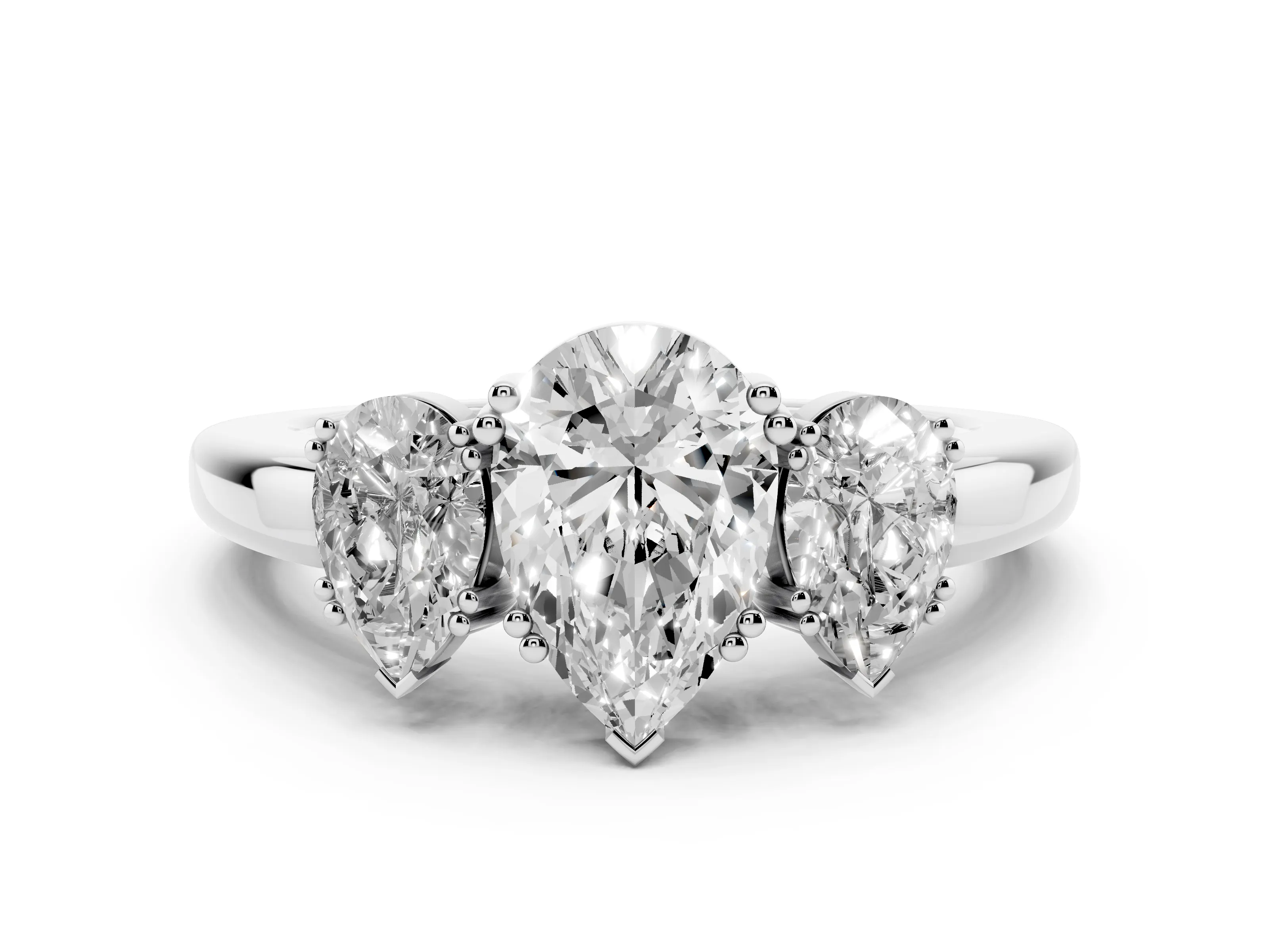 Pear Cut Diamond Three-Stone Ring Set in White gold with Polished Channel-Set Band