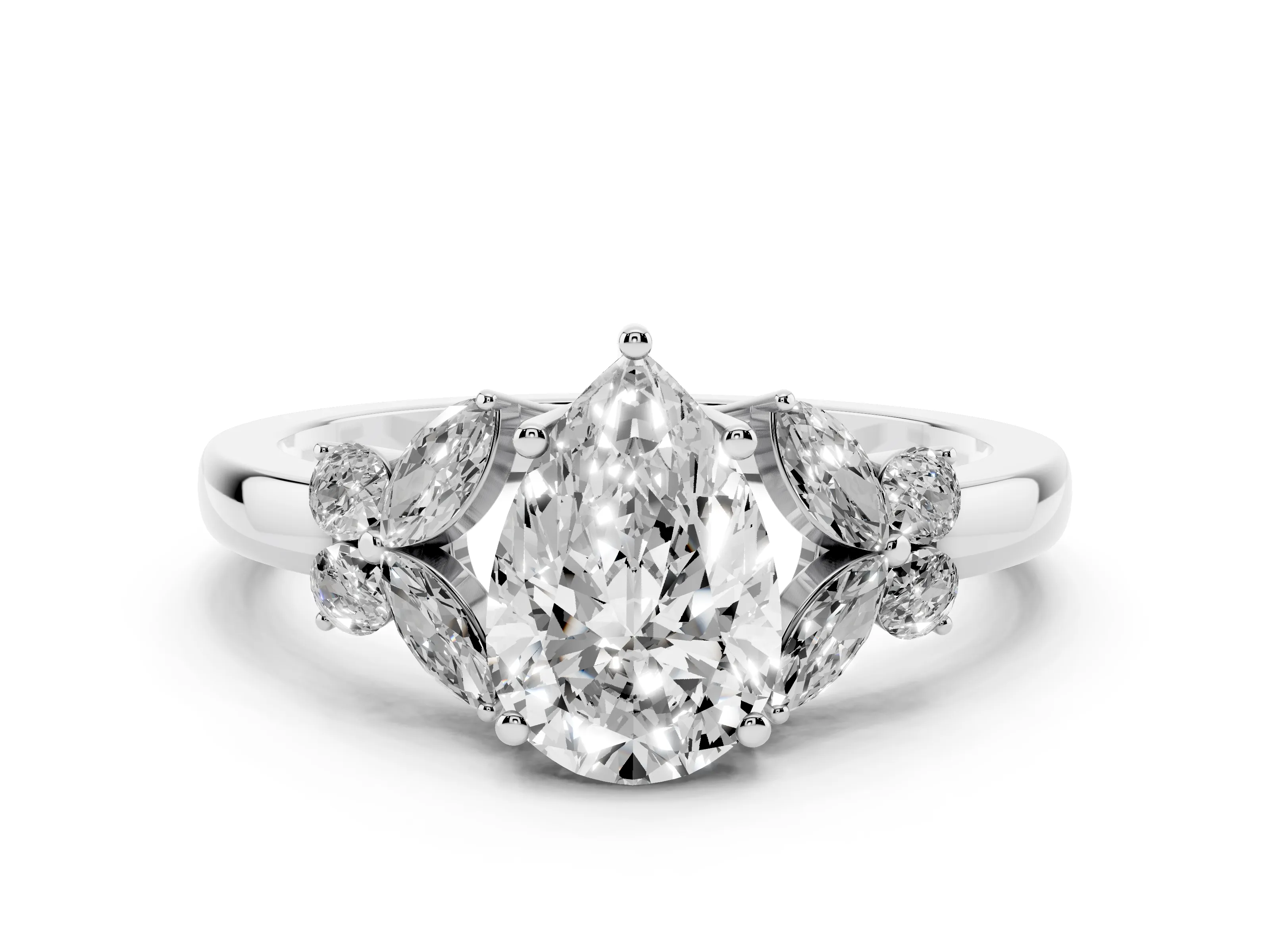 Pear Cut Diamond Solitaire Floral Ring Set in Platinum with Marquise Petals and Prong Setting