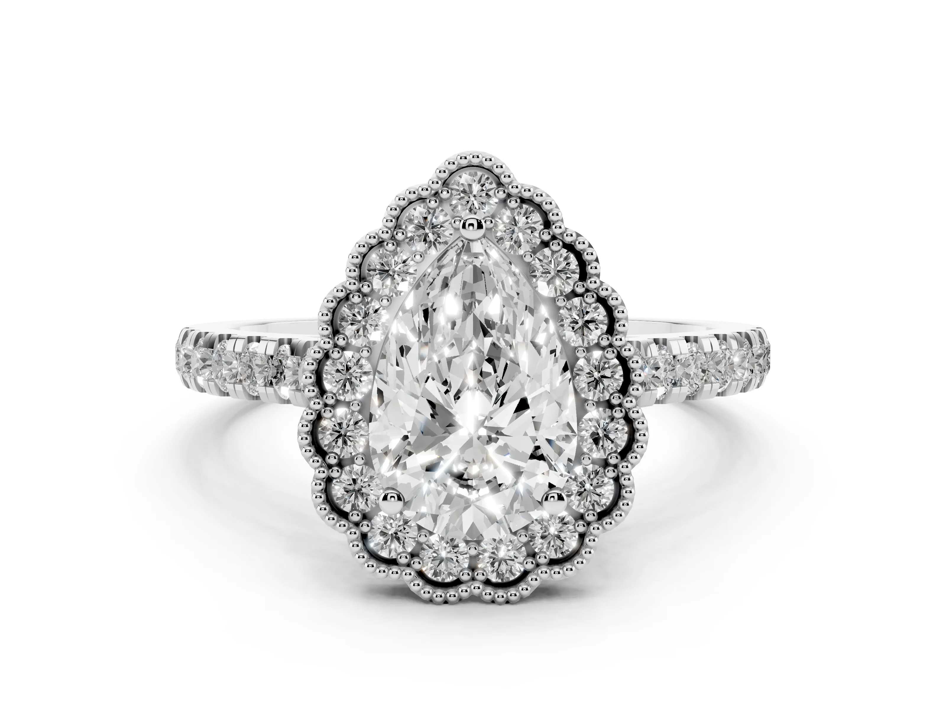 Pear Cut Diamond Milgrain Floral Halo Engagement Ring Set in White gold with Pavé Band