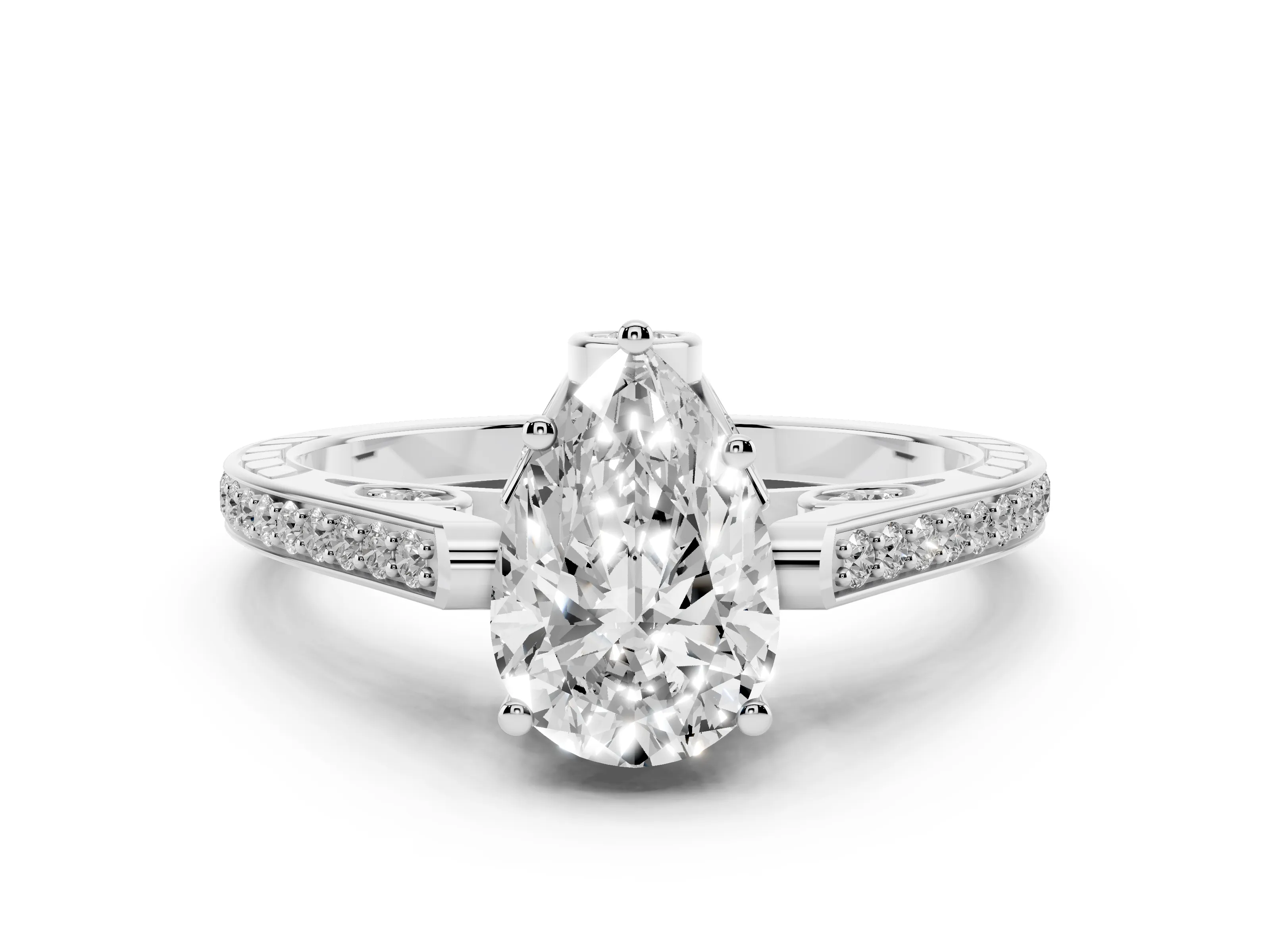 Pear Cut Diamond Cathedral Pavé Engagement Ring Set in Platinum with Prong Setting