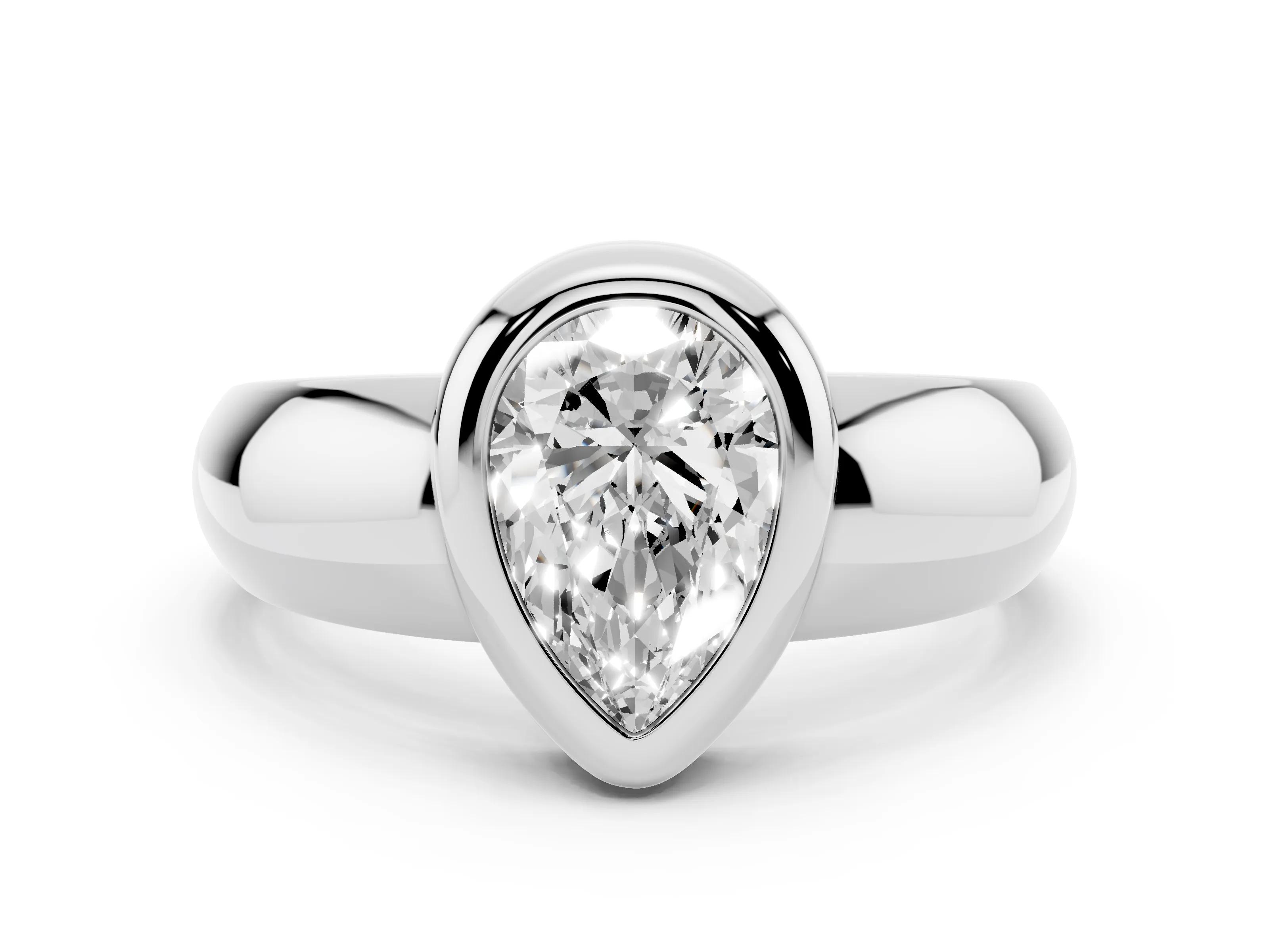 Bezel Set Pear Cut Diamond Solitaire Ring Set in White gold with Wide Band