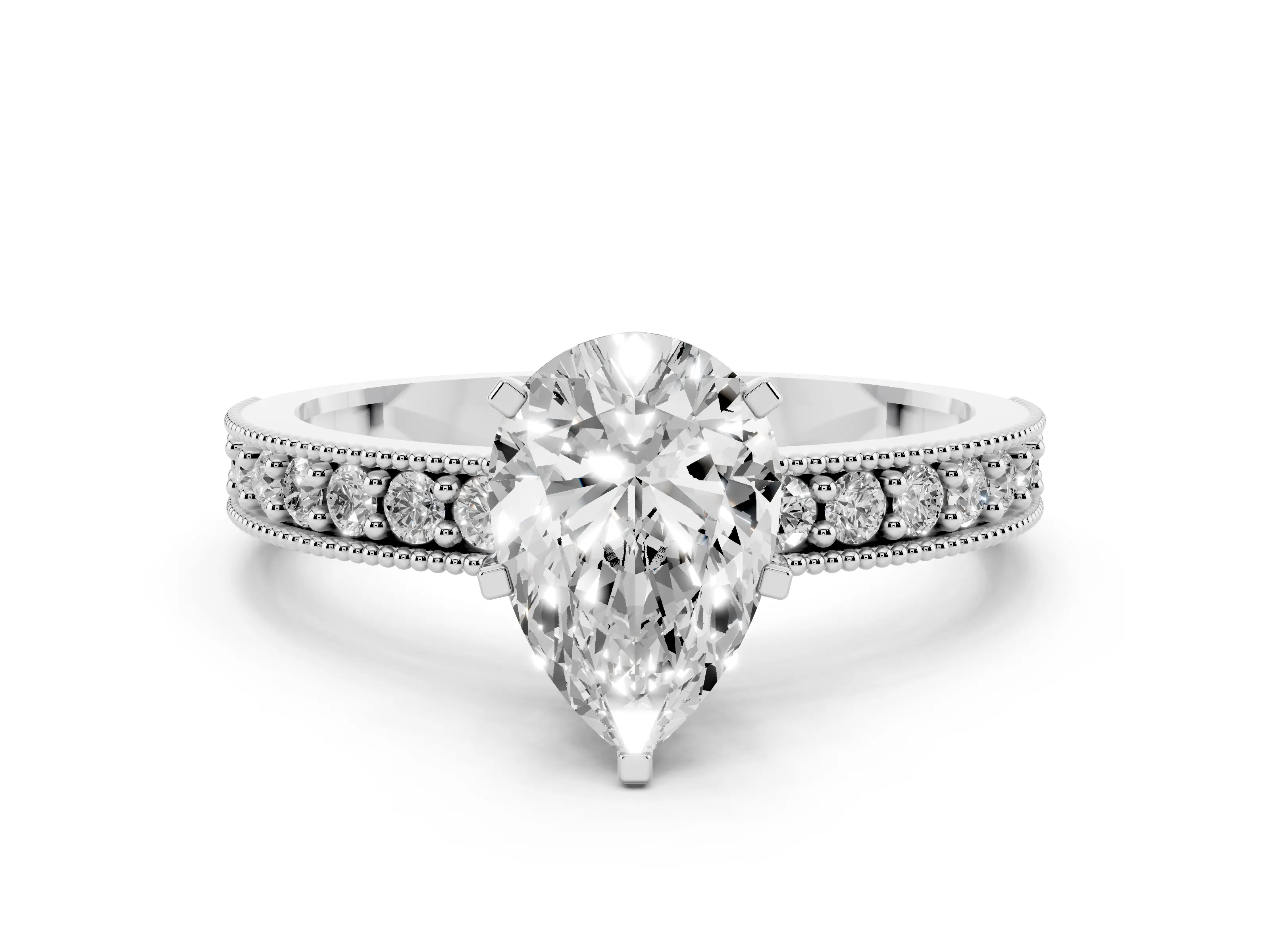 Pear Cut Diamond Milgrain Pavé Engagement Ring Set in White gold with Prong Setting