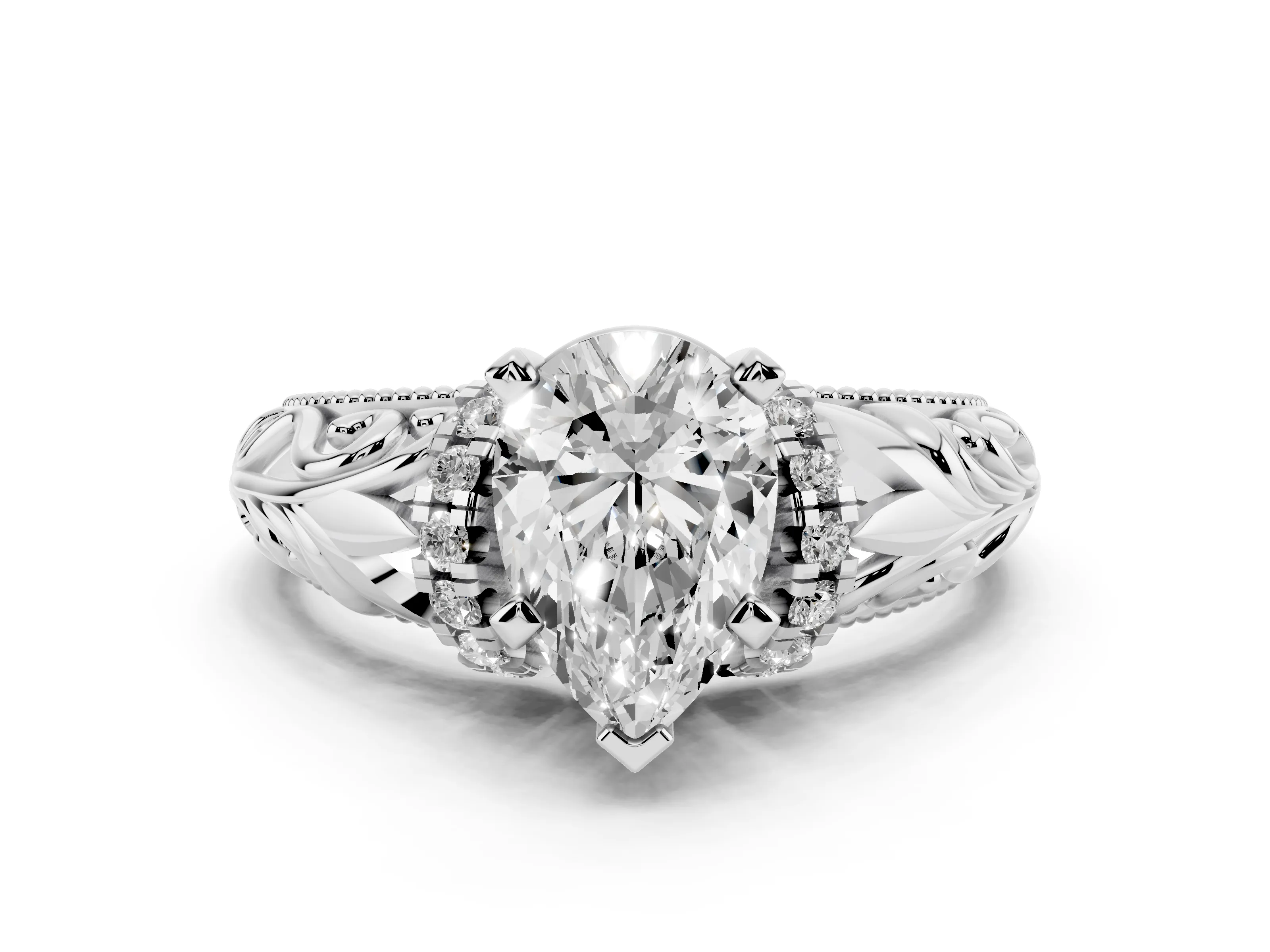 Pear Cut Diamond Filigree Halo Engagement Ring Set in White gold with Prong Setting