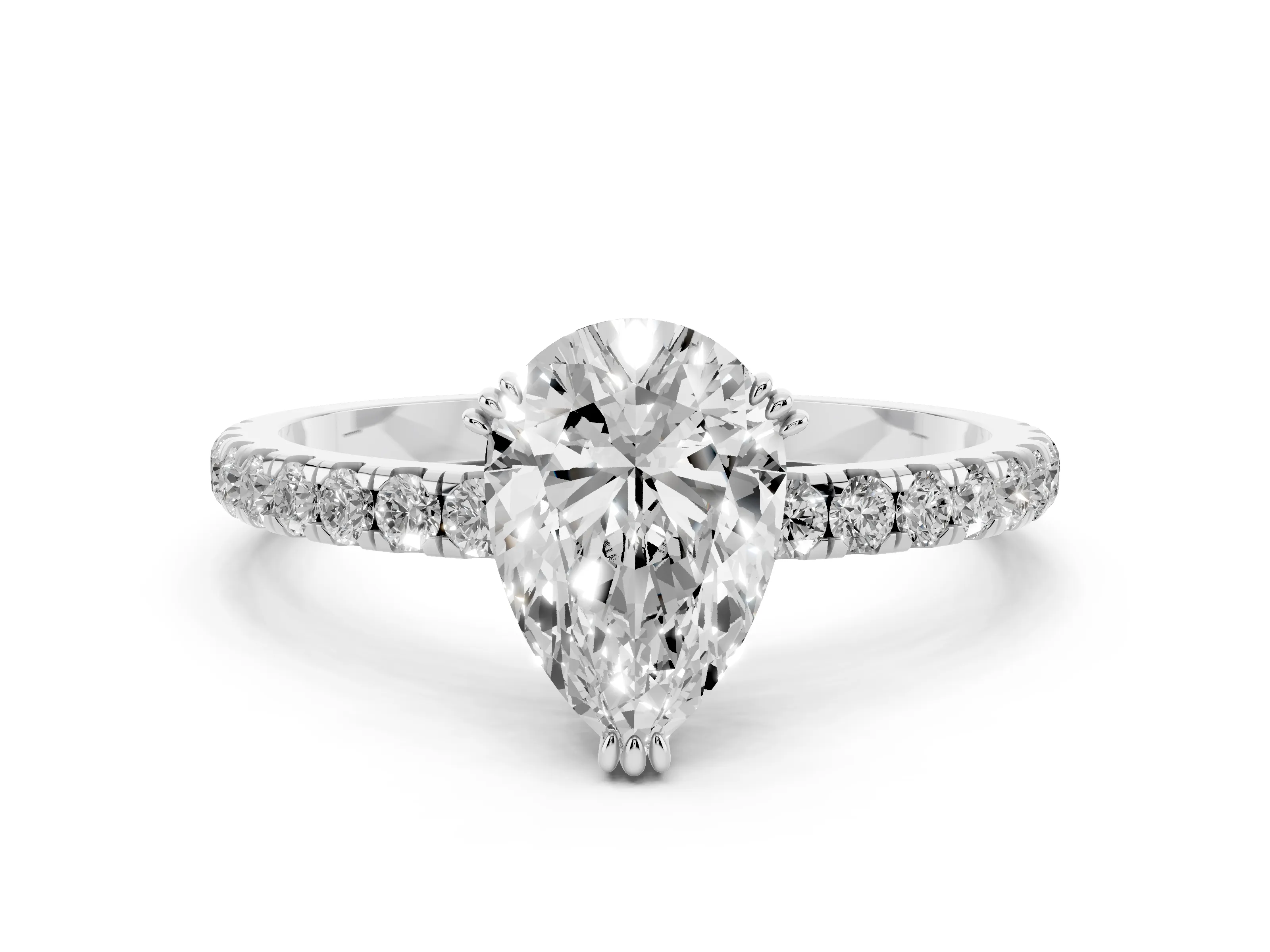 Pear Cut Diamond Brilliant Solitaire Set in White gold with Pavé Band and Claw Prong Setting