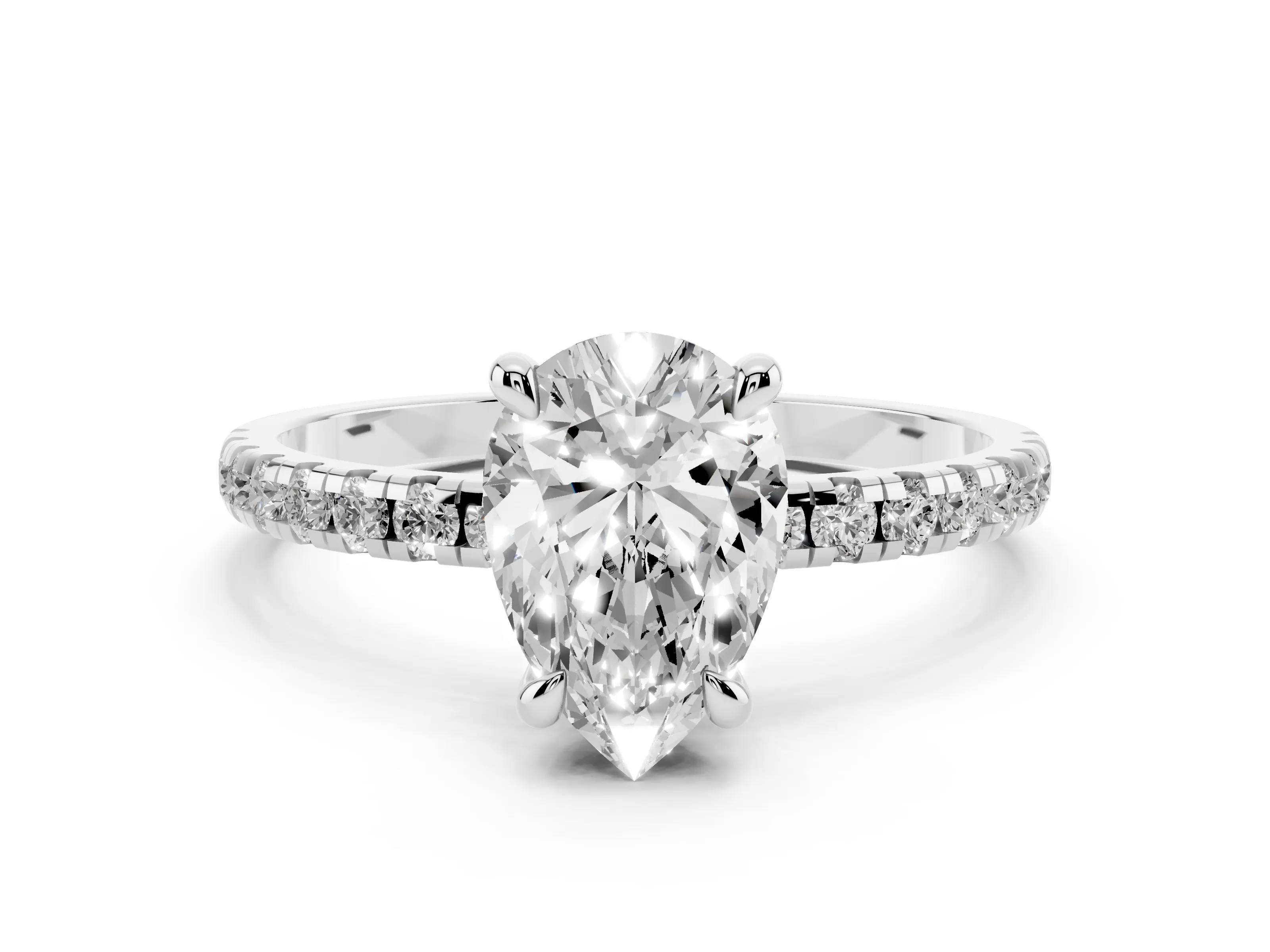 Pear Cut Diamond Brilliant Solitaire Ring Set in White gold with Pavé Band and Prong Setting