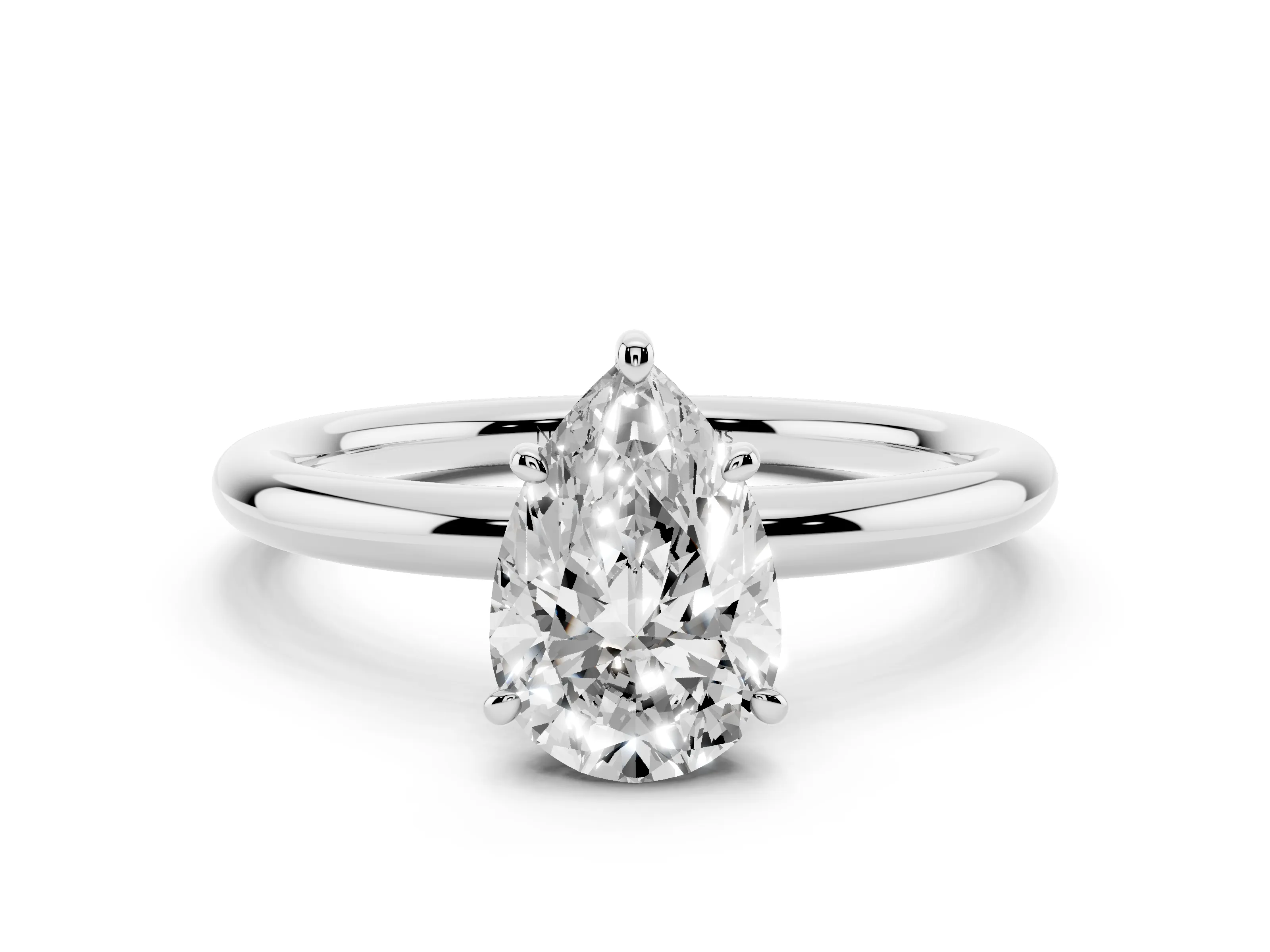 Pear Cut Diamond Solitaire Ring Set in White gold with Prong Setting on a Polished Plain Band