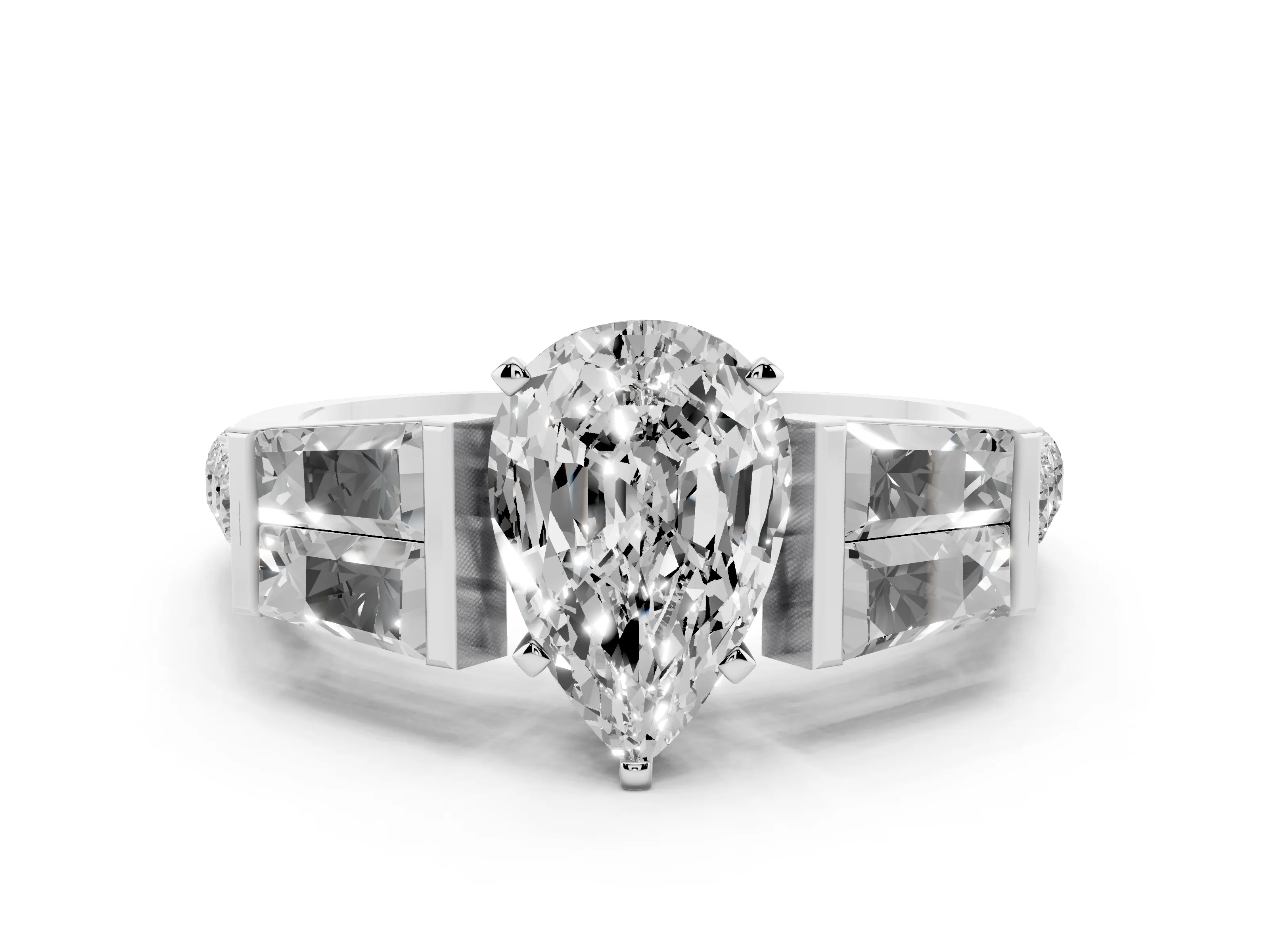 Pear Cut Diamond Engagement Ring Set in White gold with Baguette Side Stones and Channel Set Band