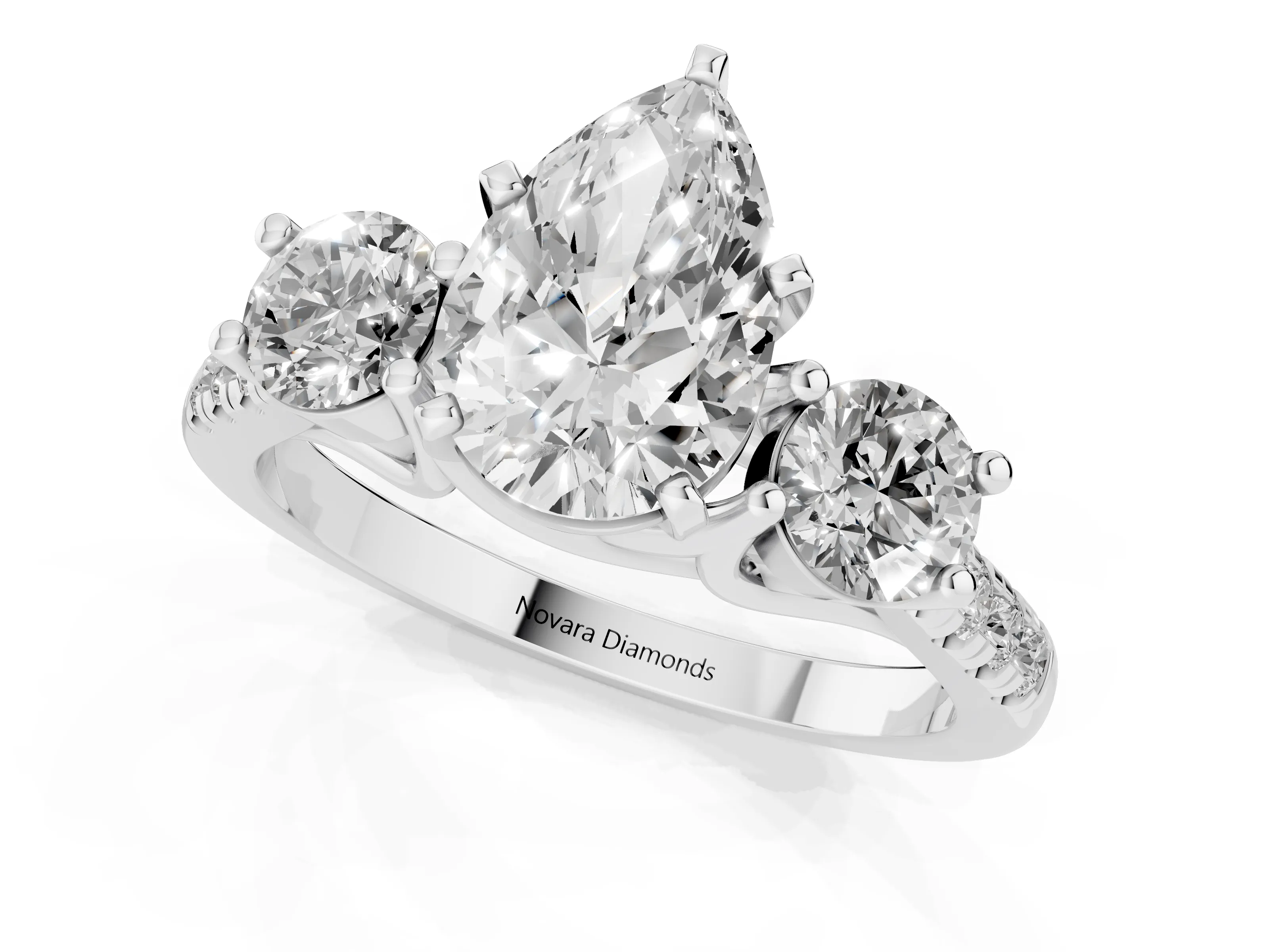 Three-Stone Pear Cut Diamond Pavé Band Ring Set in Silver with Prong-Set Trio