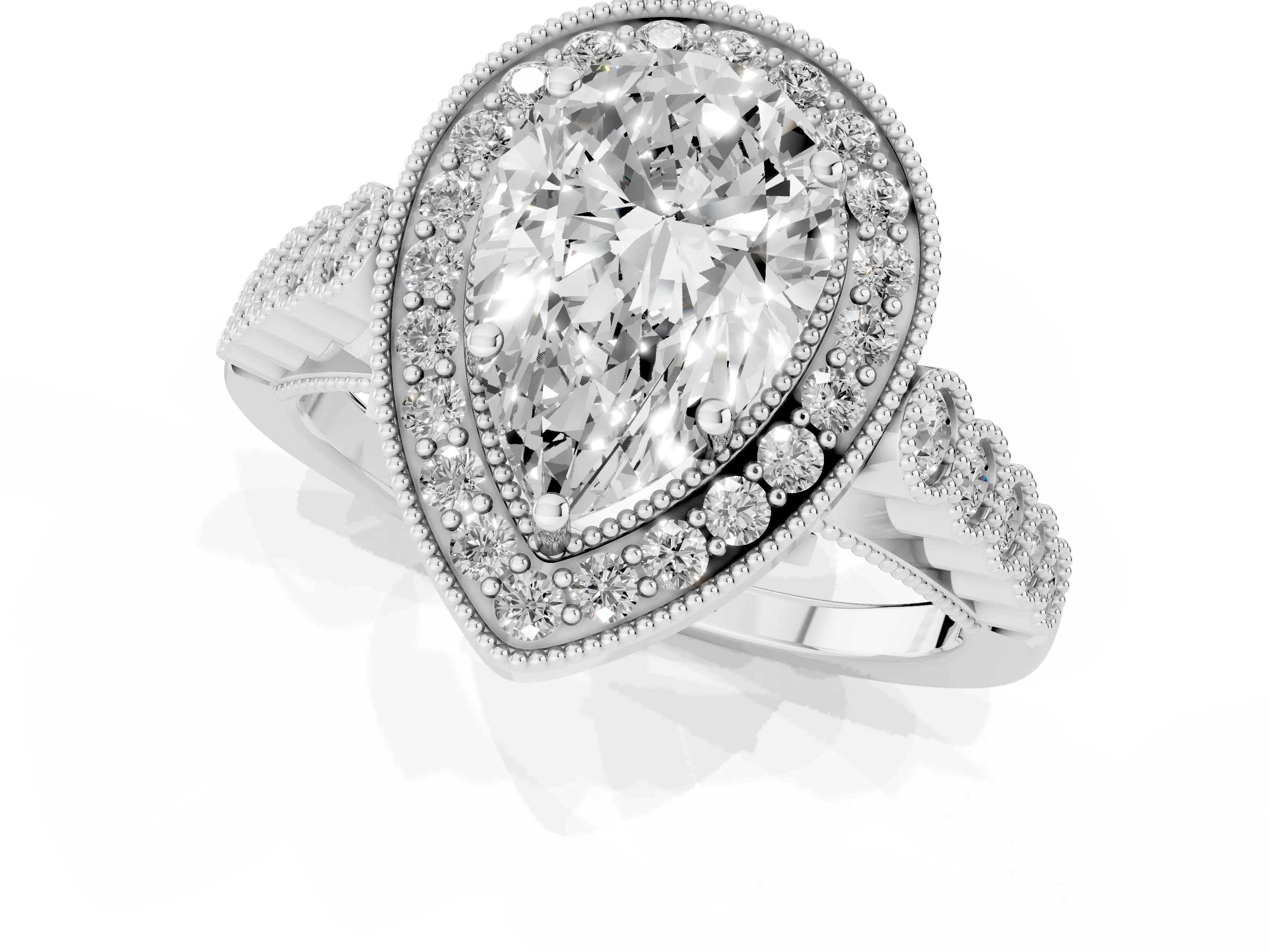 Pear Cut Diamond Milgrain Halo Solitaire Ring Set in White gold with Bezel Set Side Stones and Pavé Band