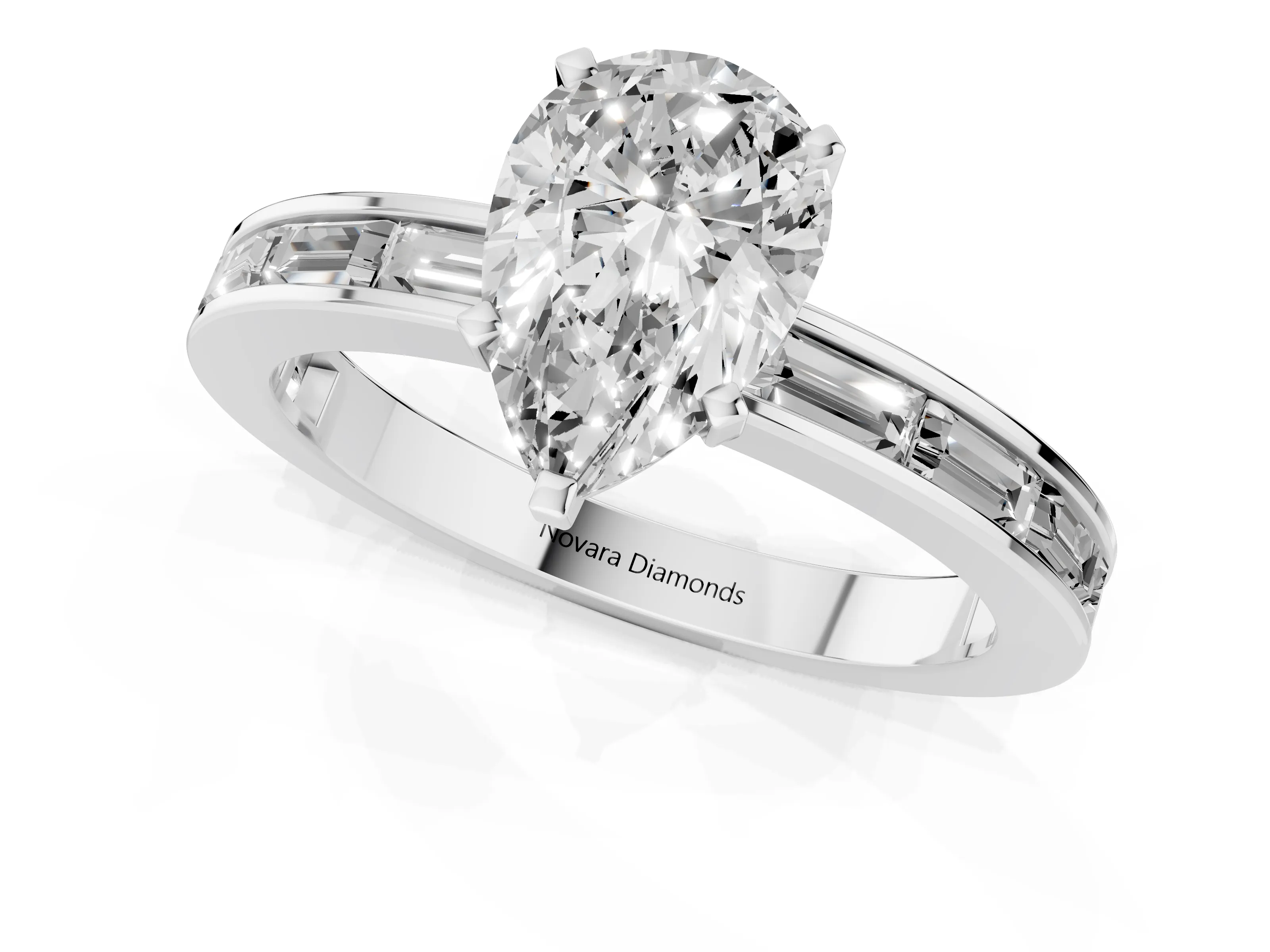 Pear Cut Diamond Solitaire Ring Set in Platinum with Channel-Set Baguette Band and Prong Setting – second view
