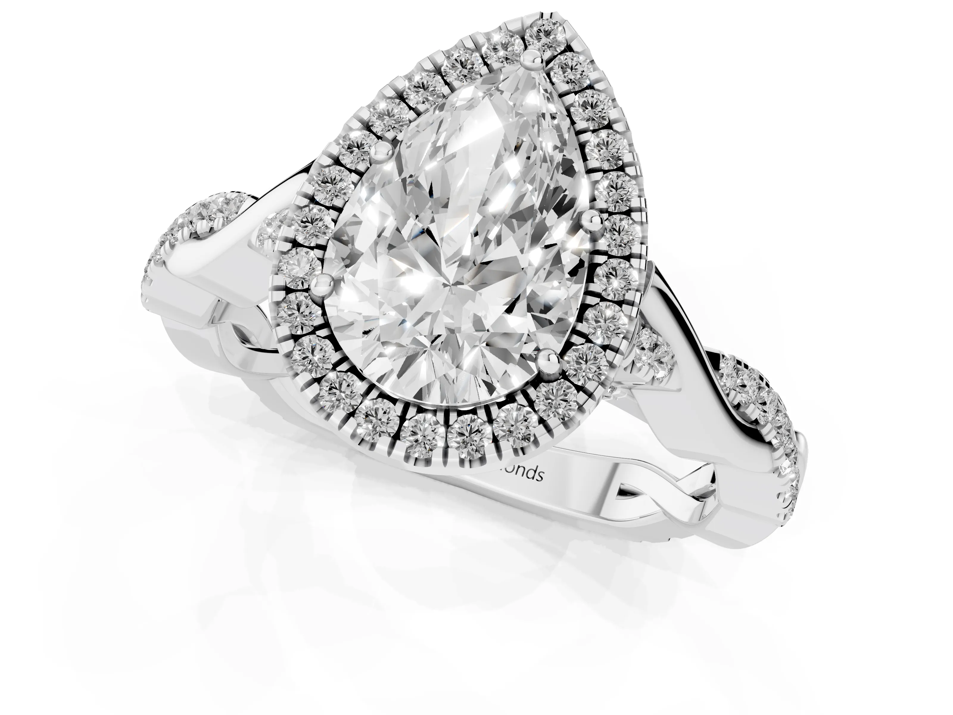 Pear Cut Diamond Halo Twist Band Solitaire Ring Set in White gold with Prong Setting
