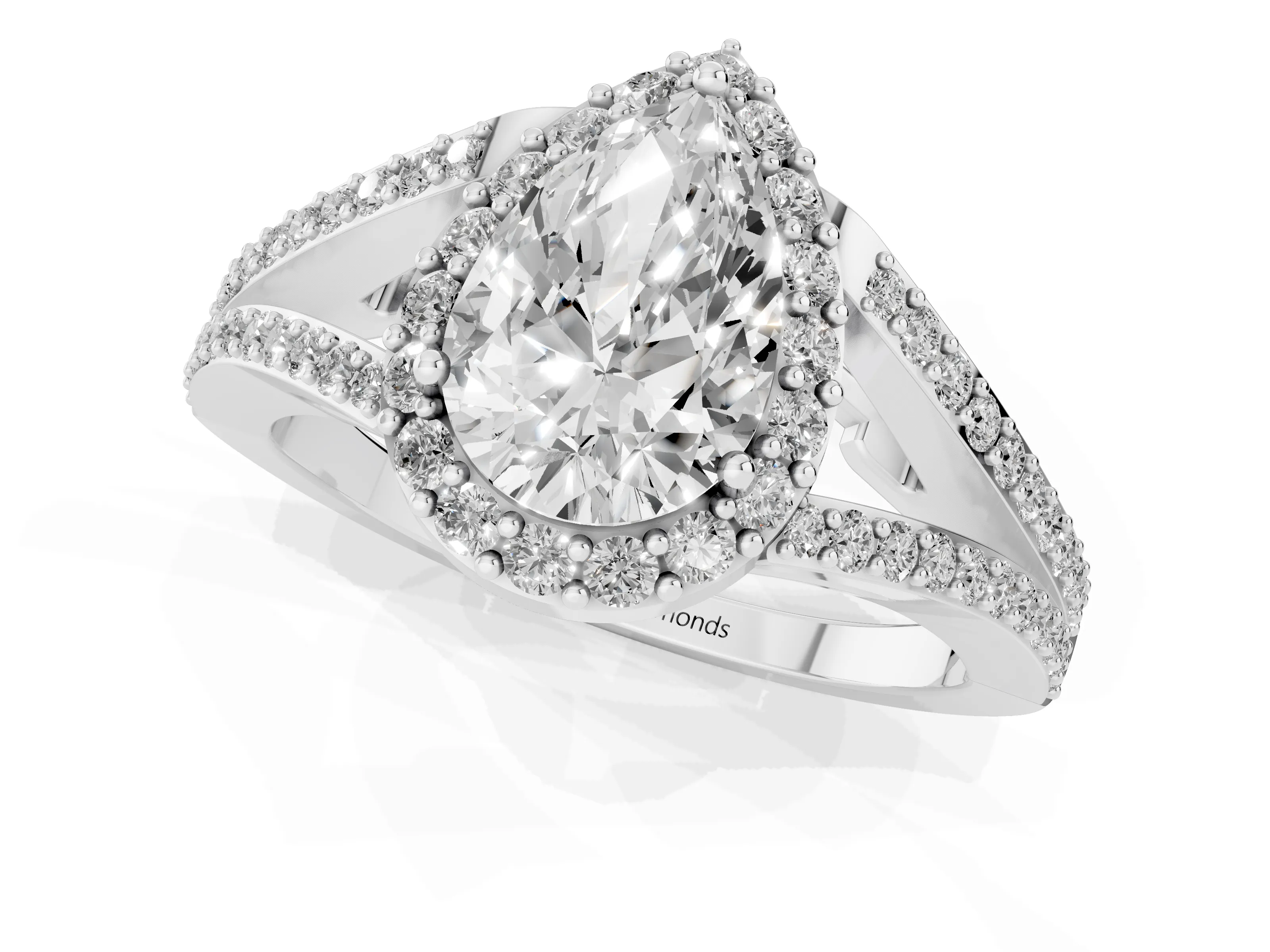 Pear Cut Diamond Halo Split Shank Pavé Ring Set in Silver with Prong Setting