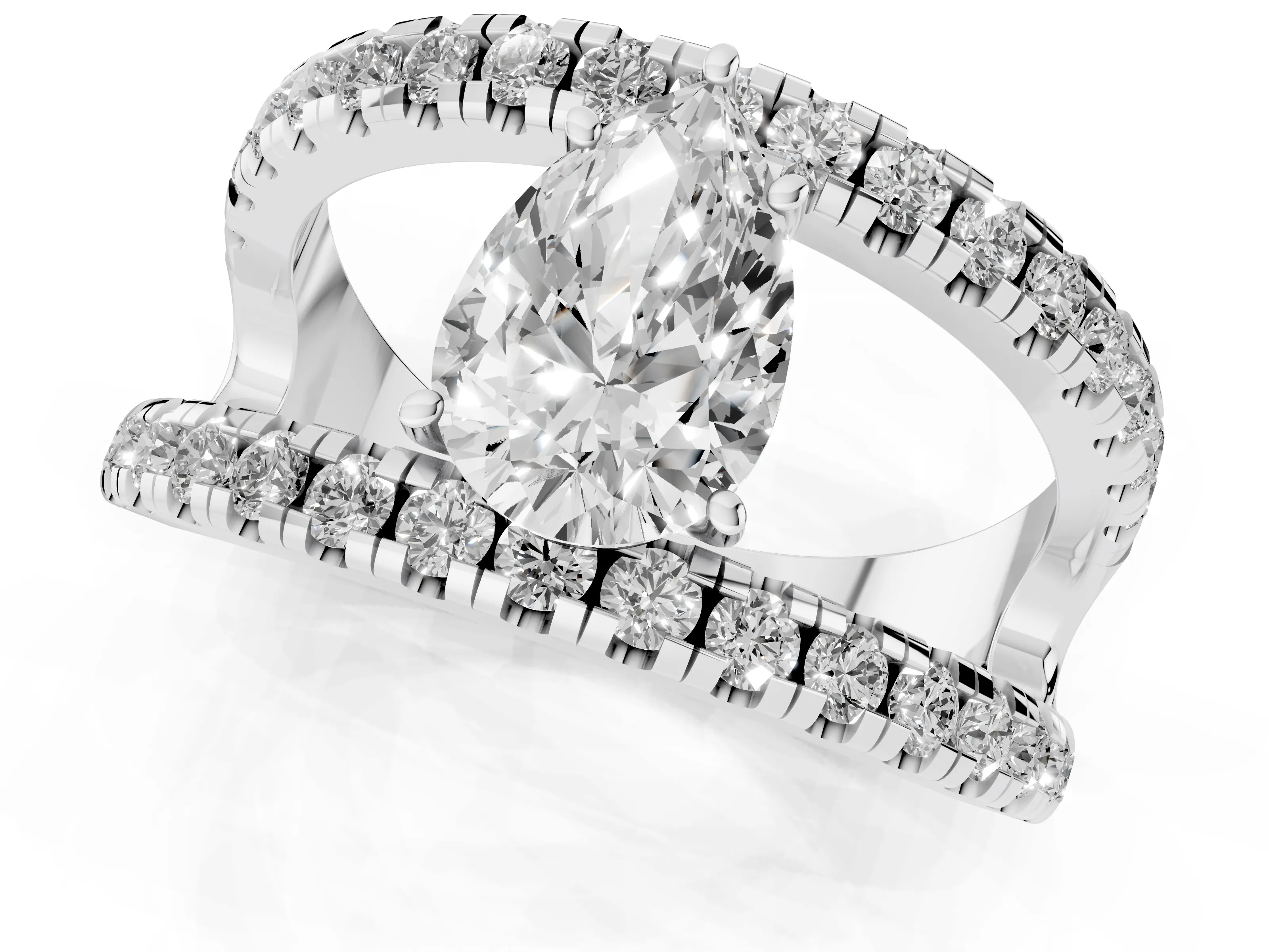 Pear Cut Diamond Split Shank Pavé Solitaire Ring Set in Silver with Open Shank Design