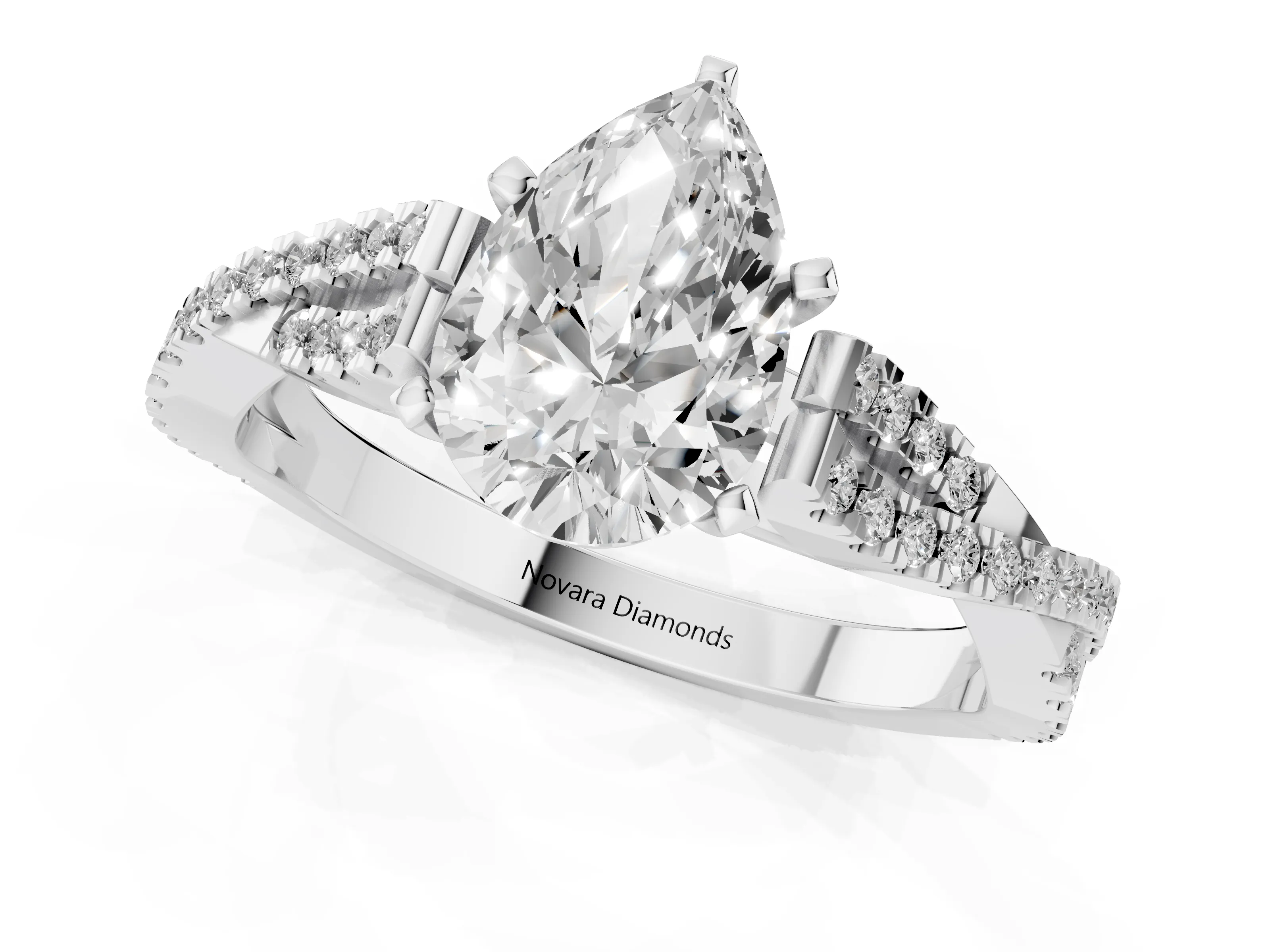 Pear Cut Diamond Solitaire Engagement Ring Set in White gold with Twisted Pavé Band and Prong Setting