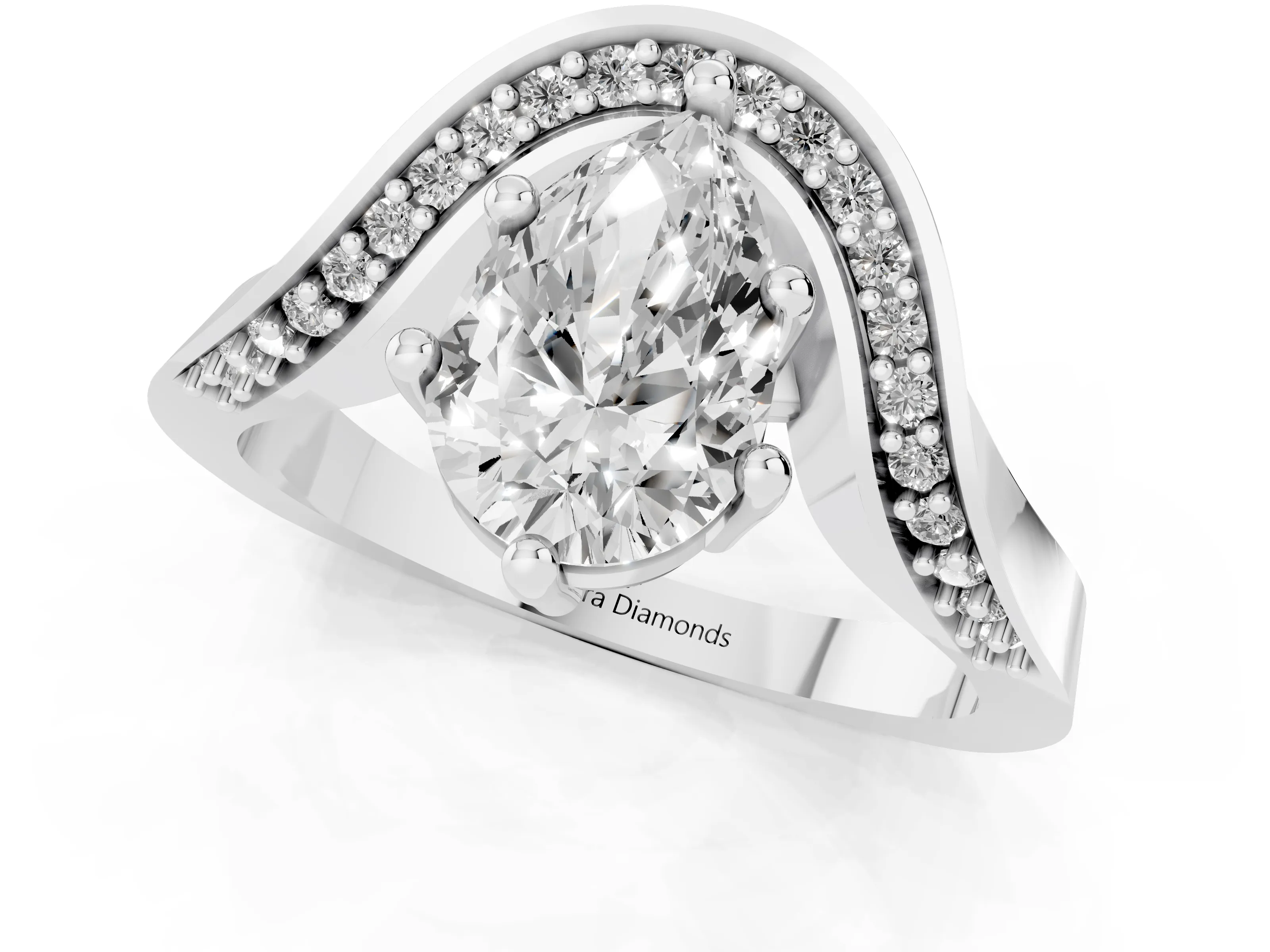 Pear Cut Diamond Solitaire Engagement Ring Set in White gold with Pavé Shoulders