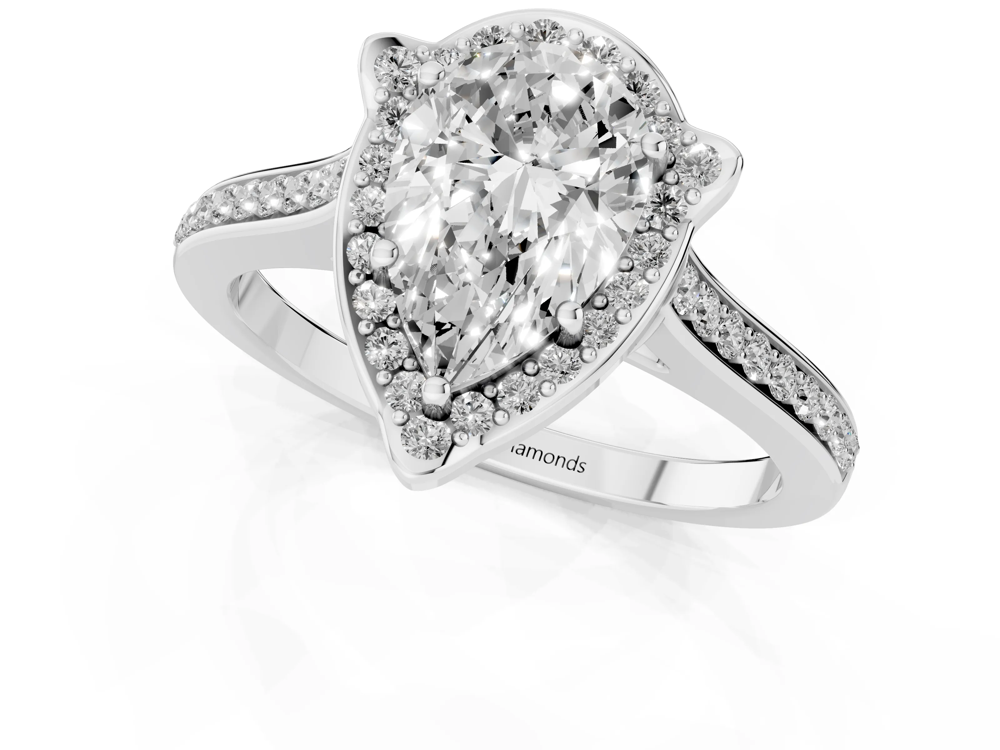 Pear Cut Diamond Halo Ring Set in Platinum with Pavé-Lined Shoulders and Prong Setting