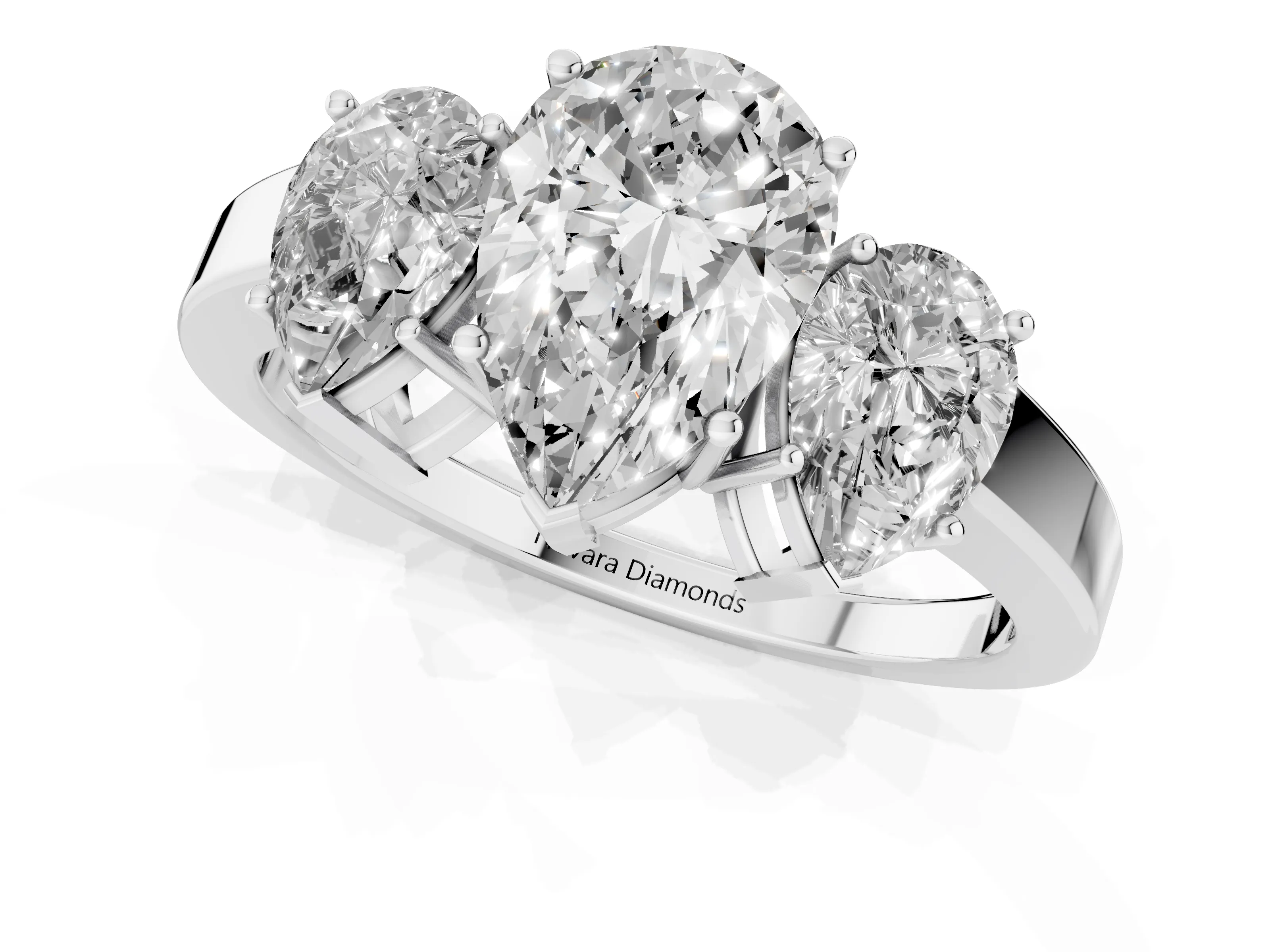 Pear Cut Diamond Three-Stone Engagement Ring Set in Silver with Flat Band