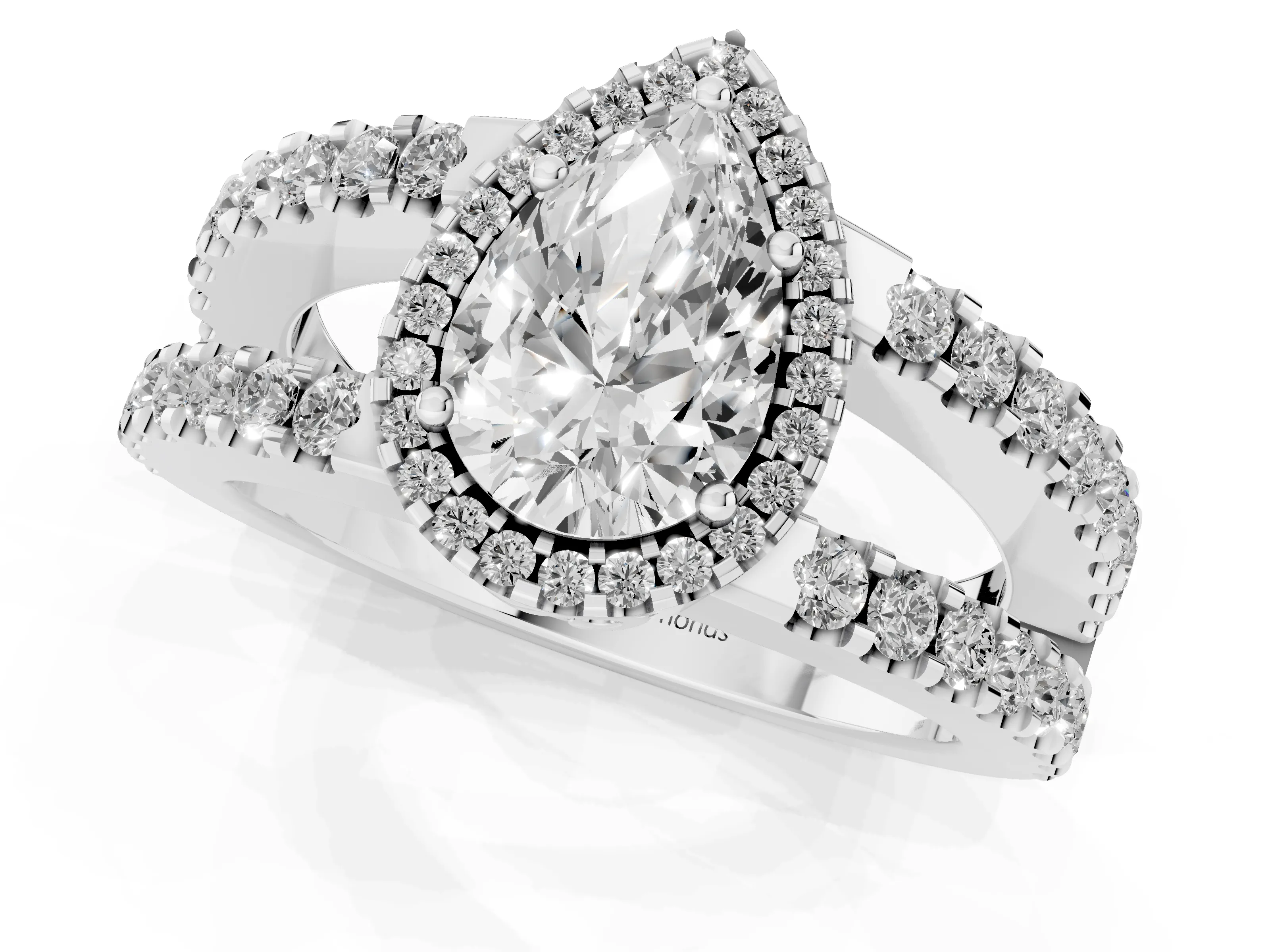Pear Cut Diamond Halo Ring Set in Platinum with Pavé Split Shank and Prong Setting – second view