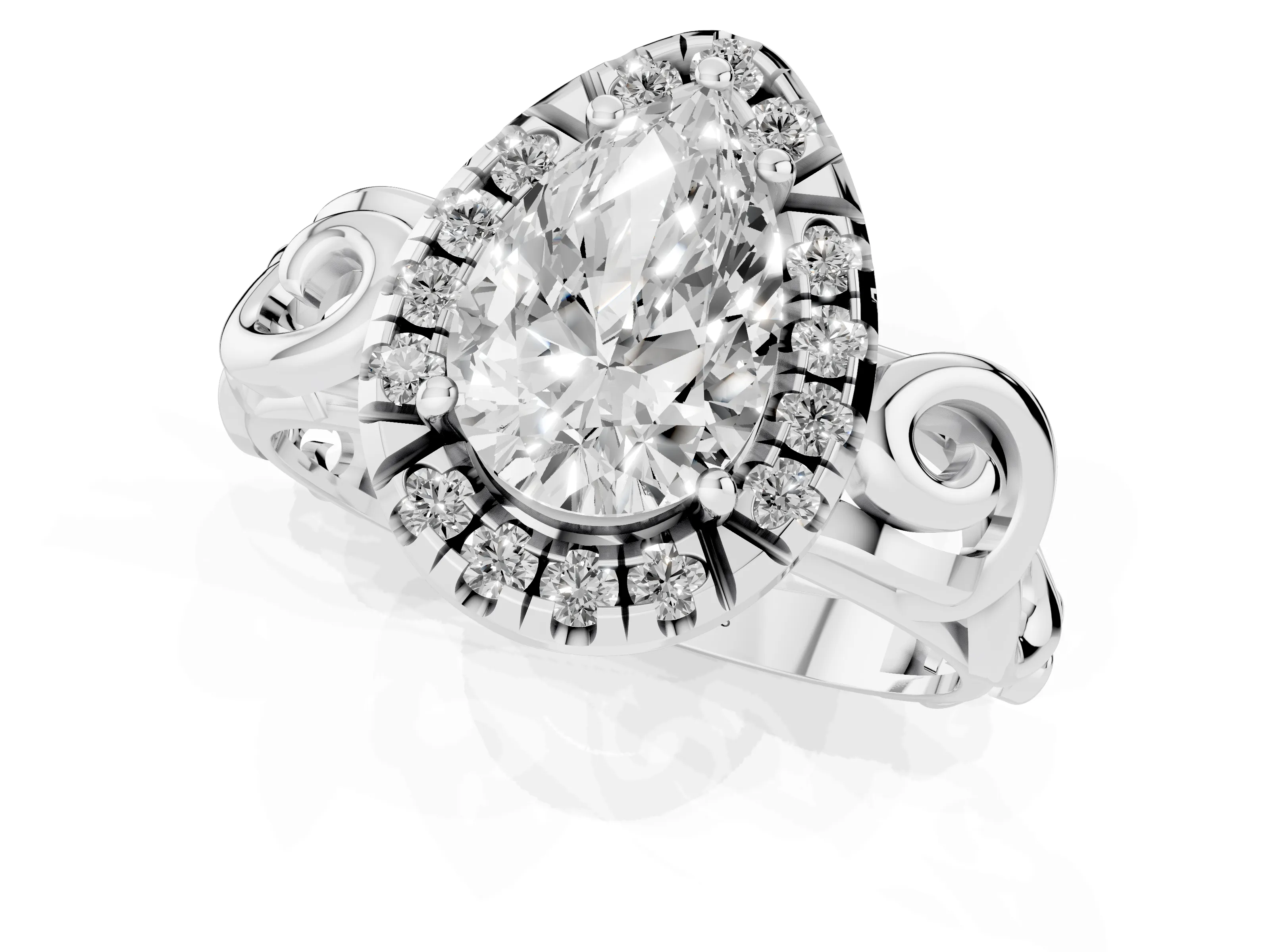 Pear Cut Diamond Halo Ring Set in Platinum with Scrollwork Band and Prong Setting – second view