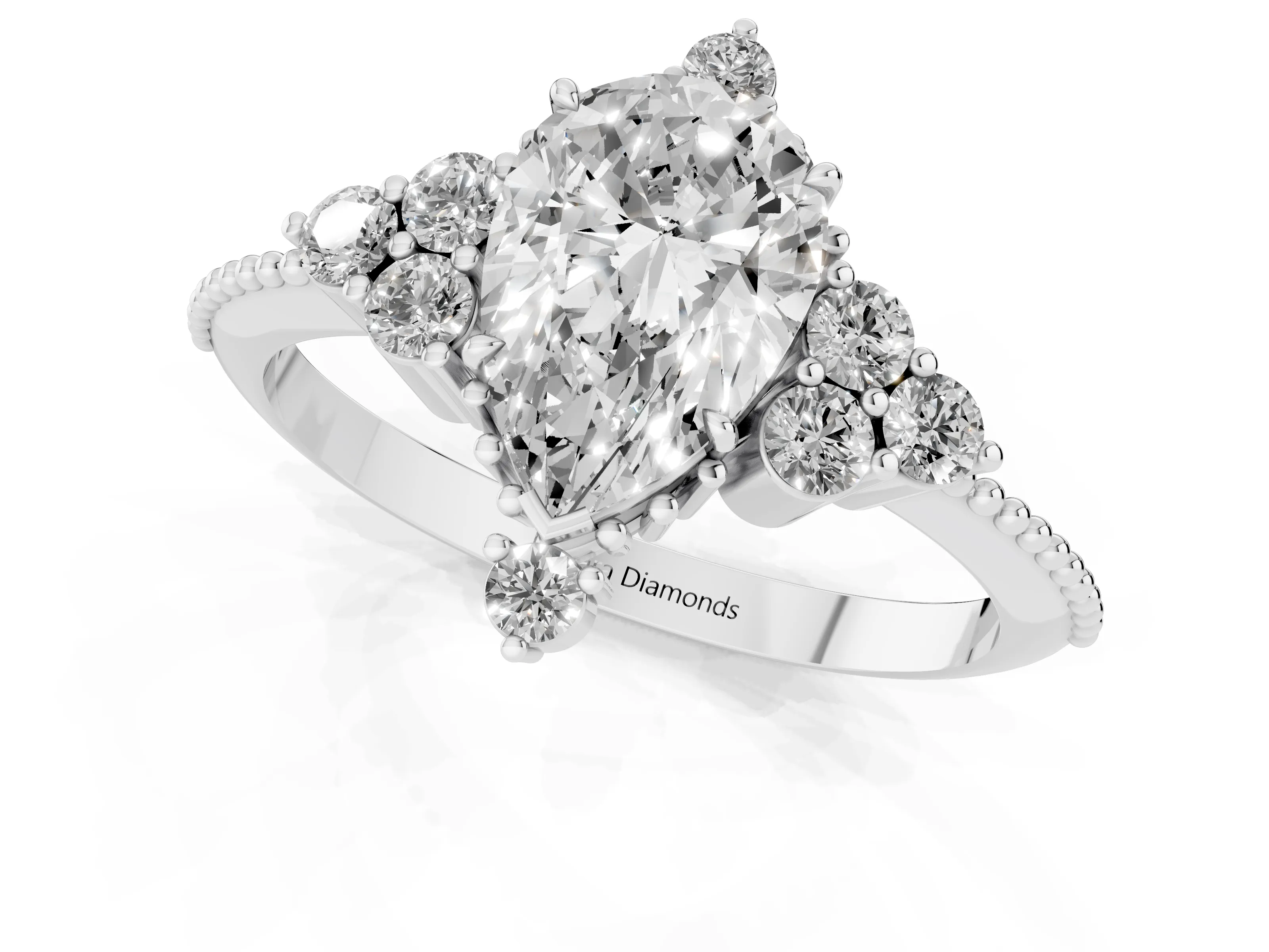 Pear Cut Diamond Cluster Ring Set in White gold with Beaded Band