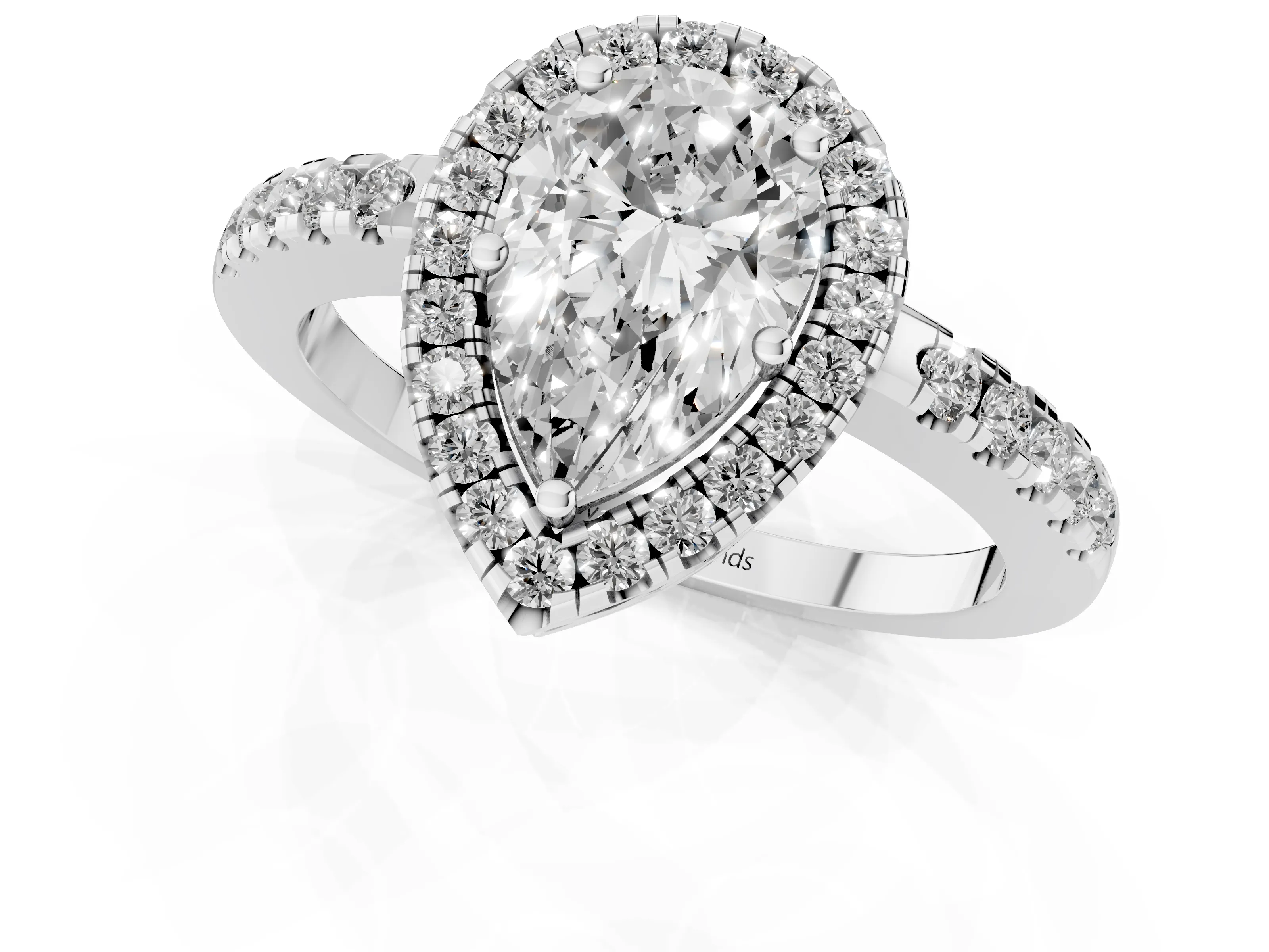 Pear Cut Diamond Pavé Band Halo Engagement Ring Set in Silver with Prong Setting