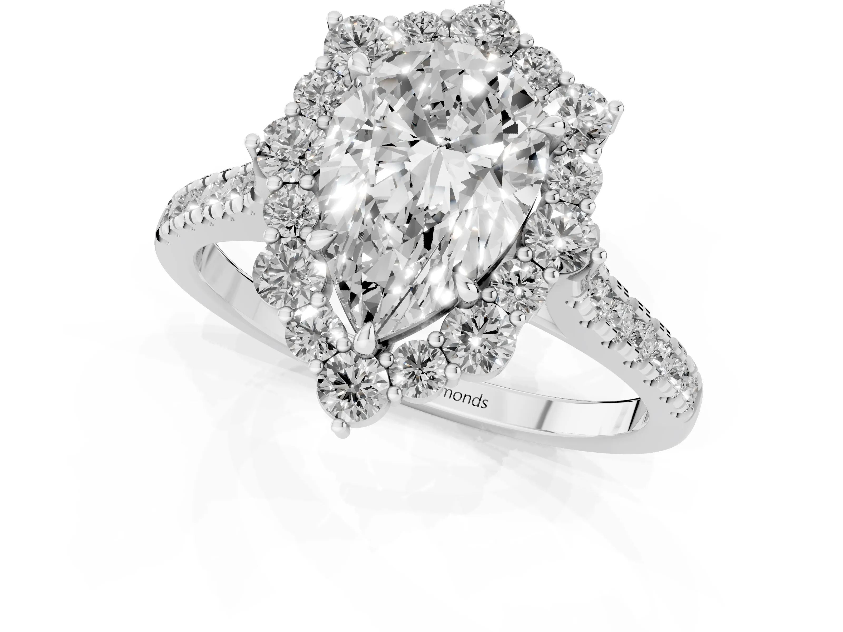 Pear Cut Diamond Halo Ring Set in White gold with Pavé Band and Prong Setting