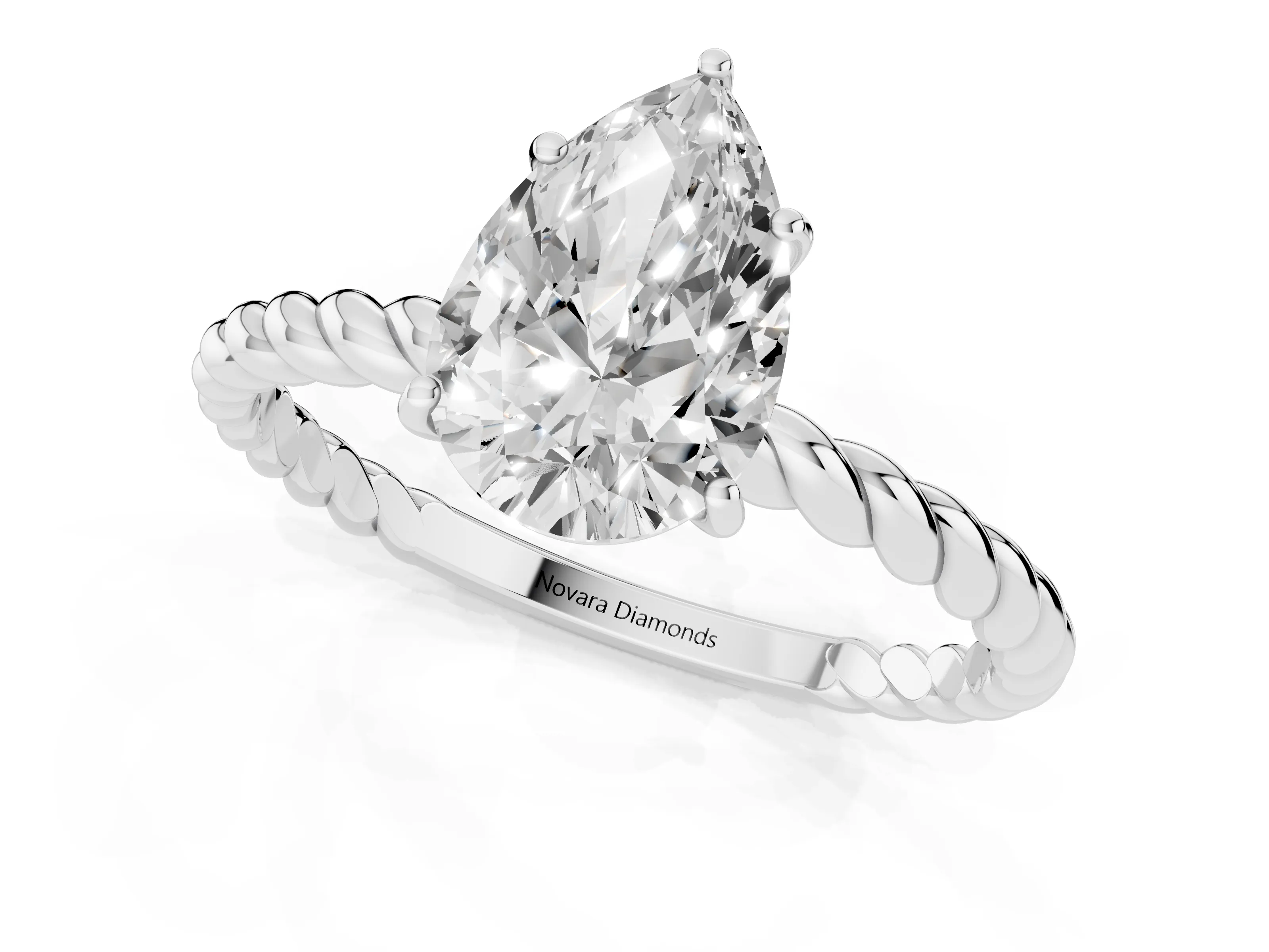 Pear Cut Diamond Solitaire Ring Set in White gold with Twist Band and Prong Setting