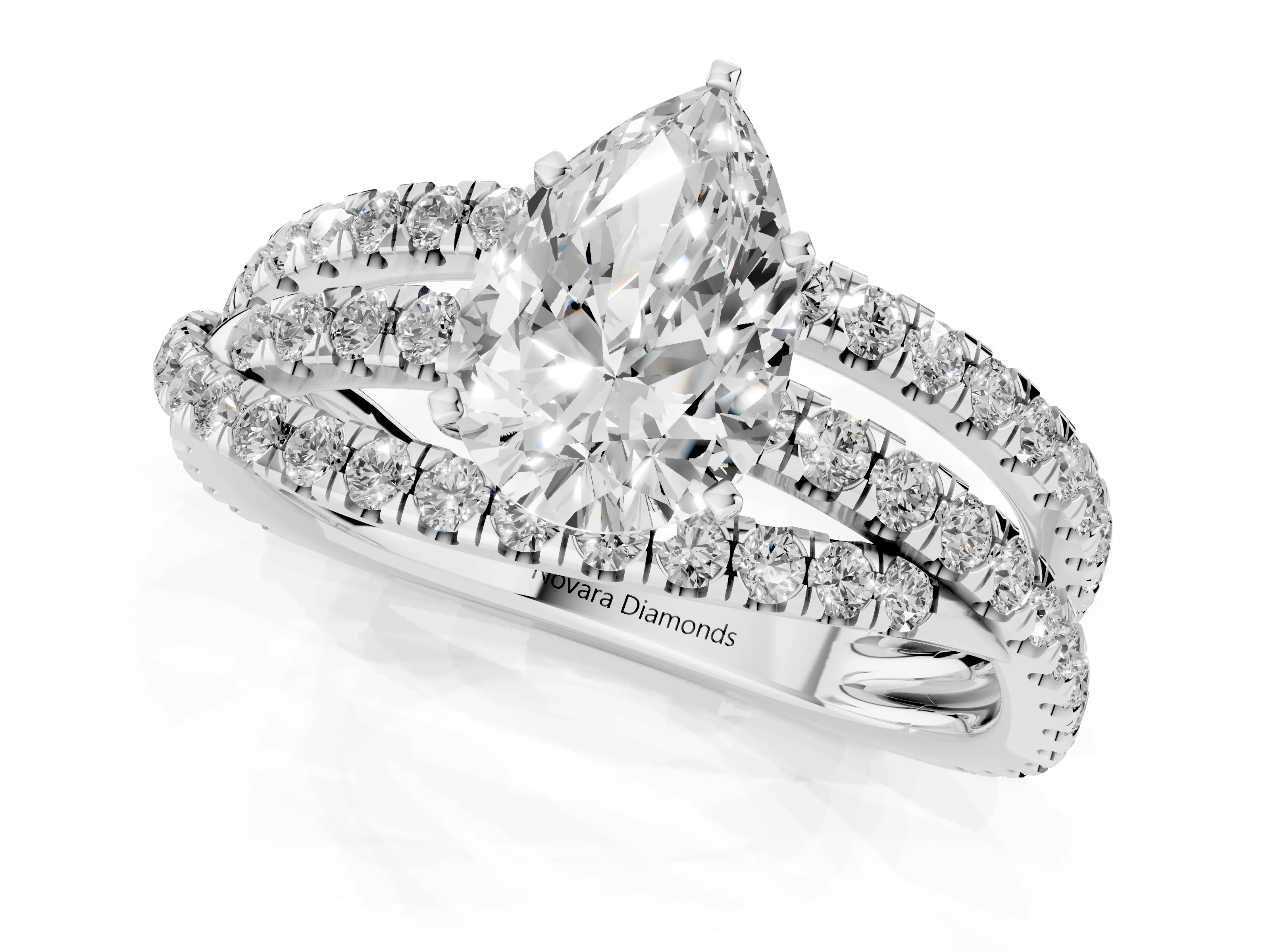 Pear Cut Diamond Solitaire Twist Band Ring Set in Silver with Pavé Setting and Prong Head