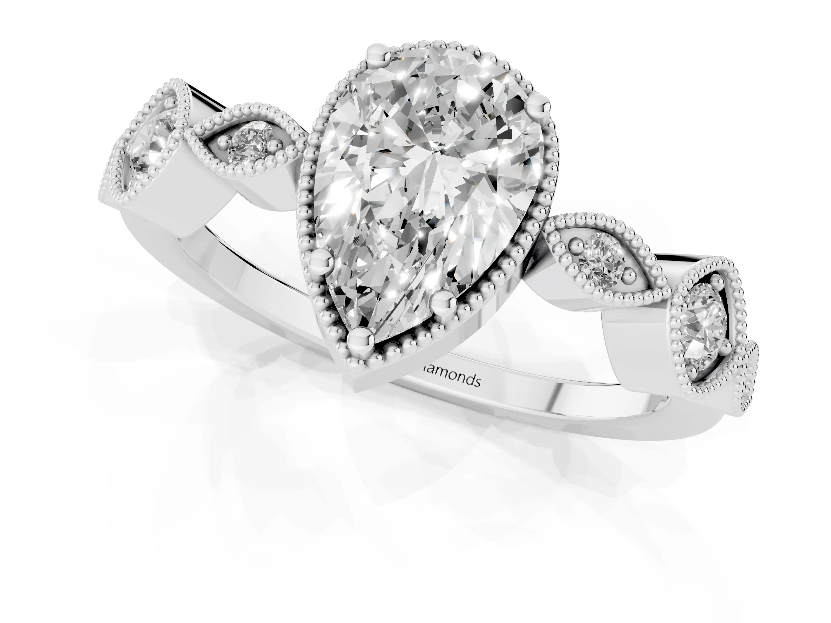 Pear Cut Diamond Vintage-Inspired Milgrain Ring Set in Platinum with Marquise Stations of Round Accents