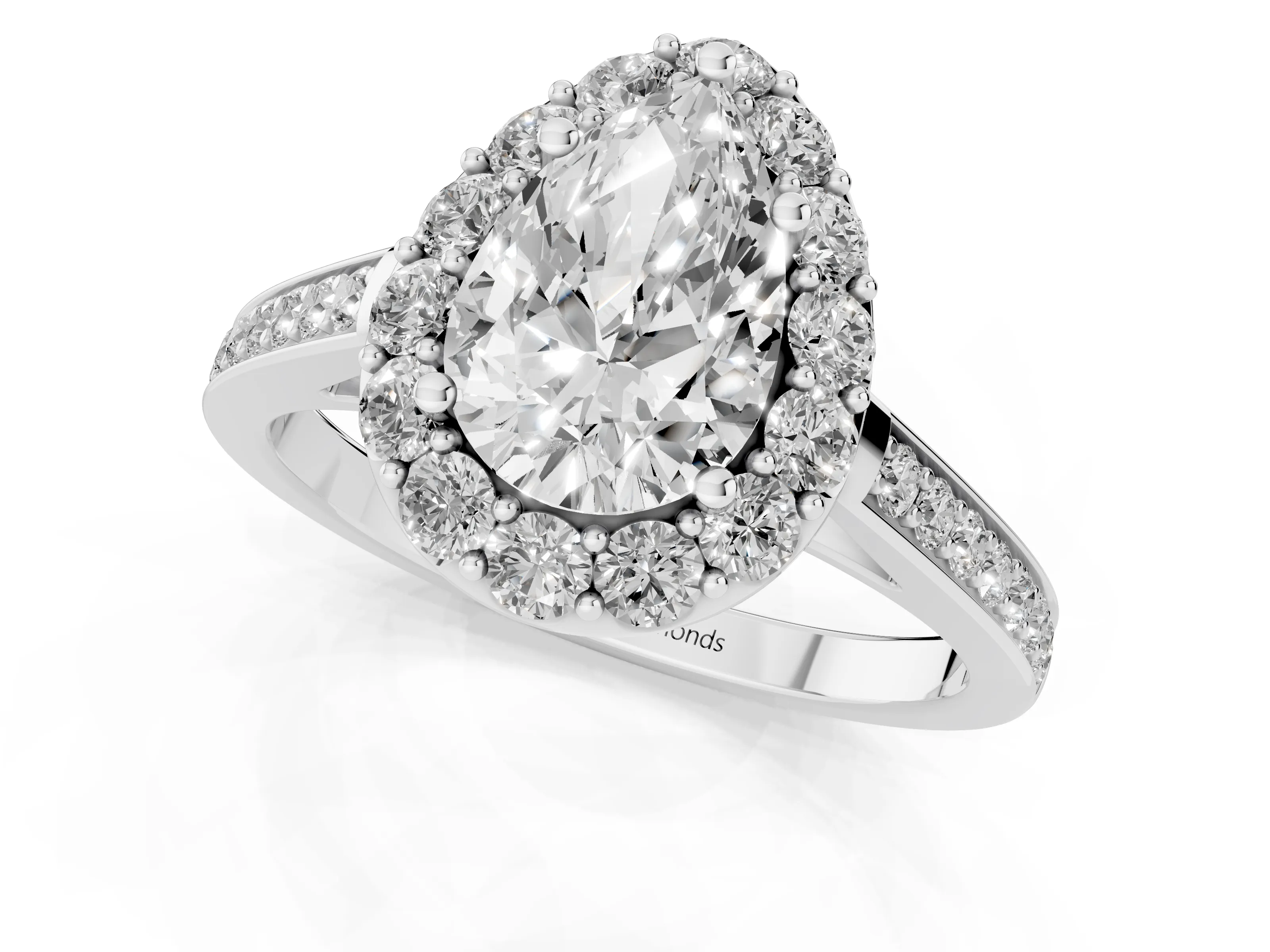 Pear Cut Diamond Floral Halo Ring Set in White gold with Pavé Band and Prong Setting