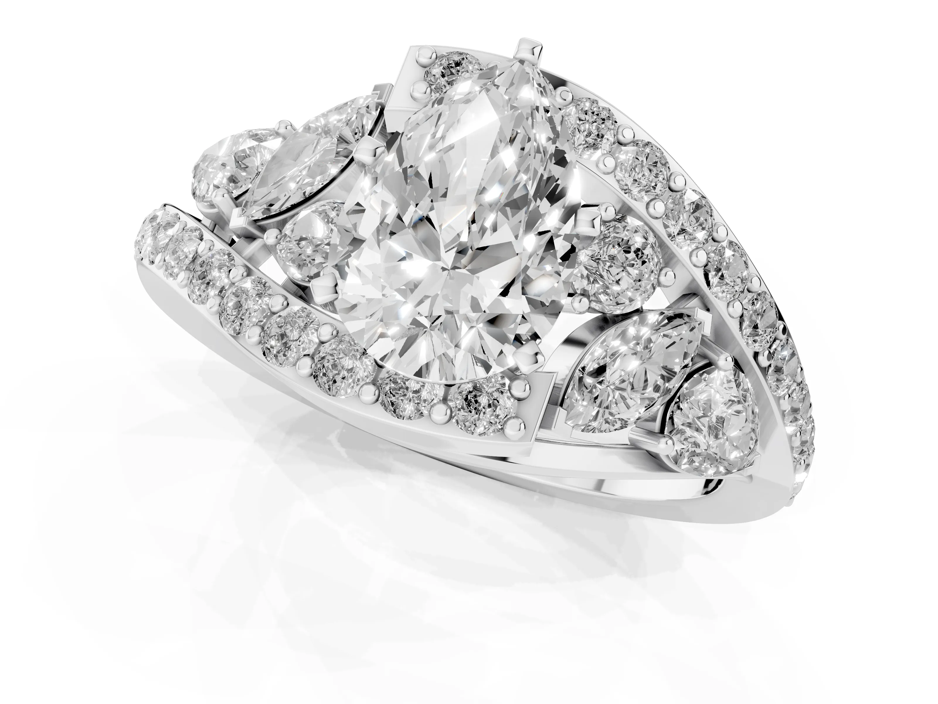 Pear Cut Diamond Halo Ring Set in Platinum with Marquise and Pavé Band in Prong Setting