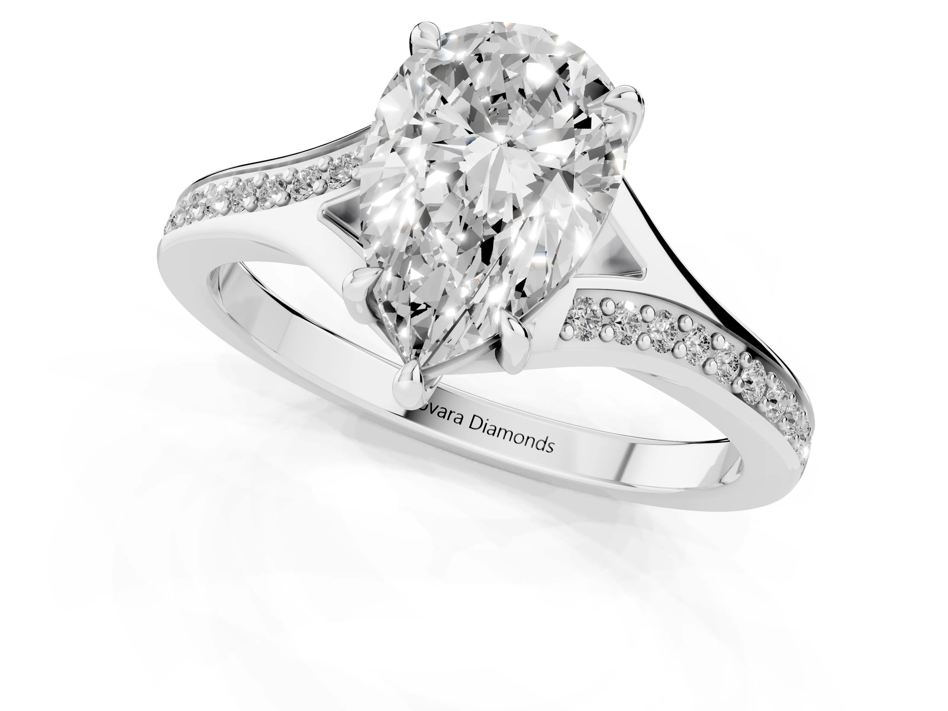 Pear Cut Diamond Solitaire Ring Set in Platinum with Pavé Accent Band and Classic Prong Setting