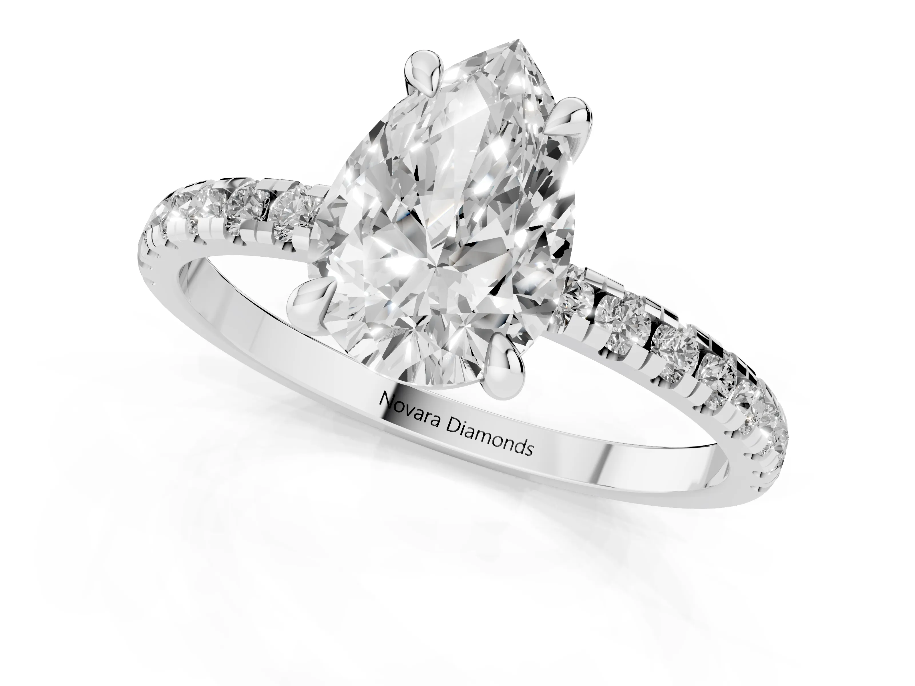 Pear Cut Diamond Brilliant Solitaire Ring Set in White gold with Pavé Band and Prong Setting