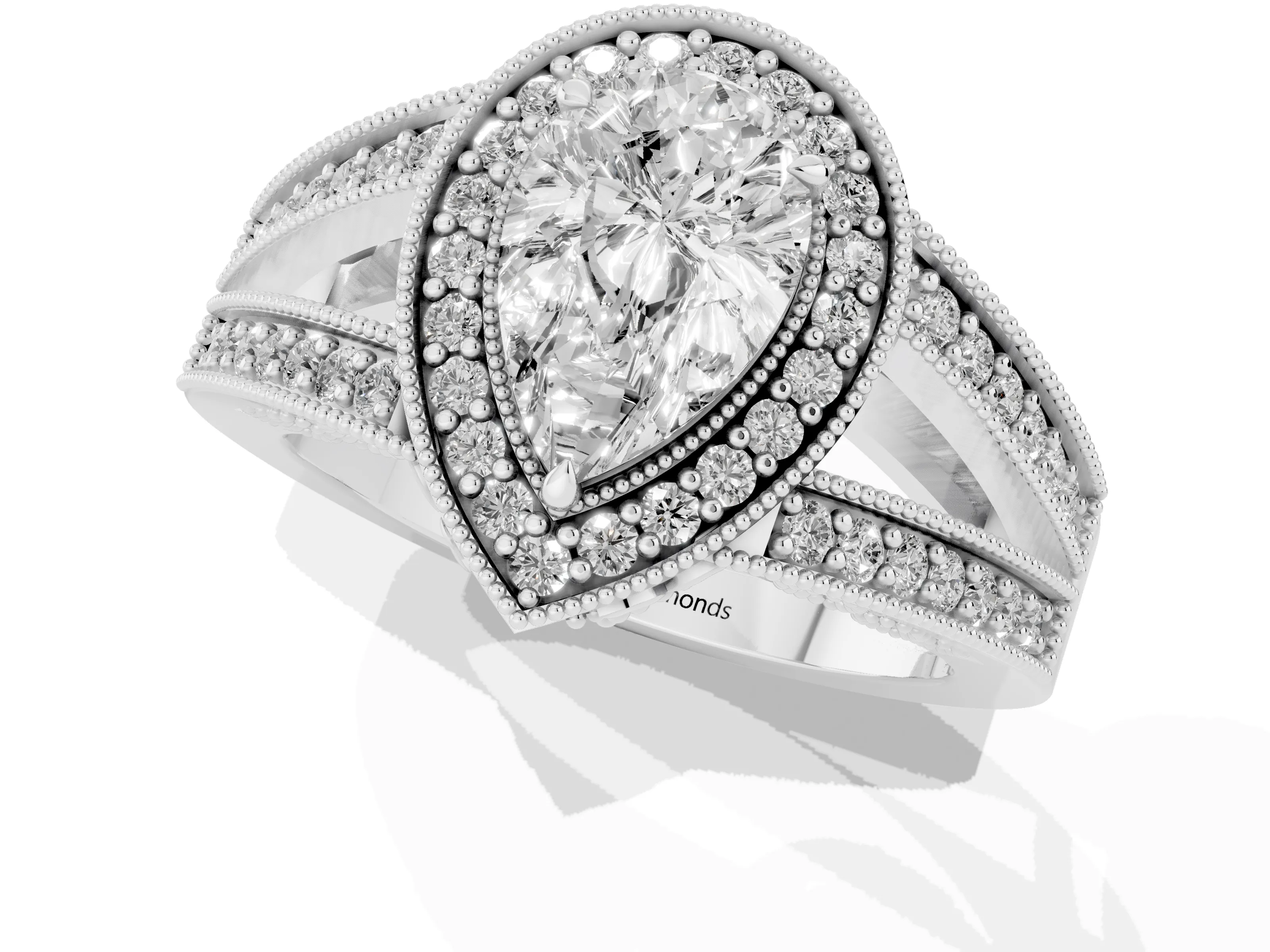 Pear Cut Diamond Halo Ring Set in White gold with Stone-Set Split Shank and Milgrain Edges