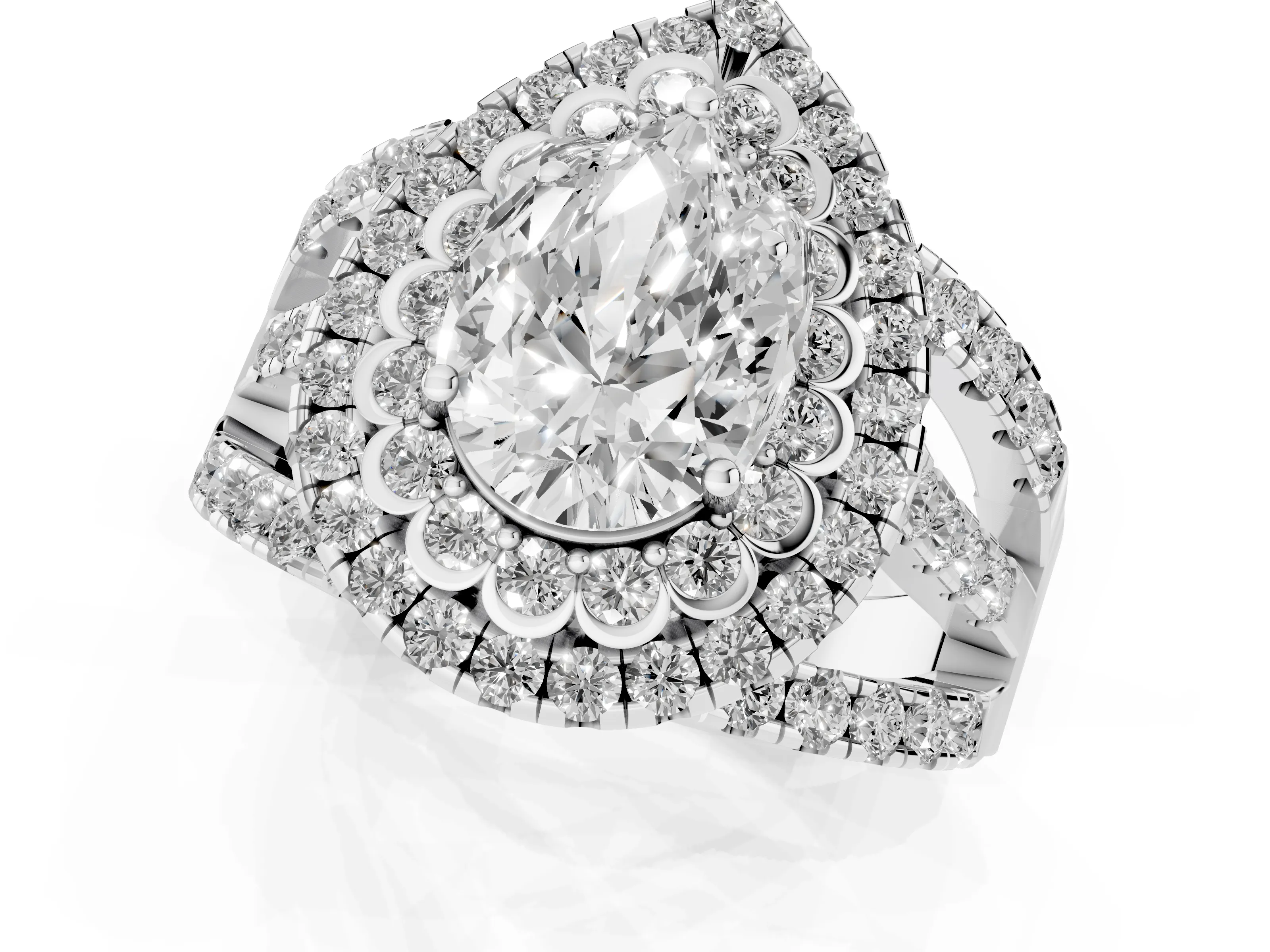 Pear Cut Diamond Double Halo Ring Set in Silver with Round Pavé Split Shank