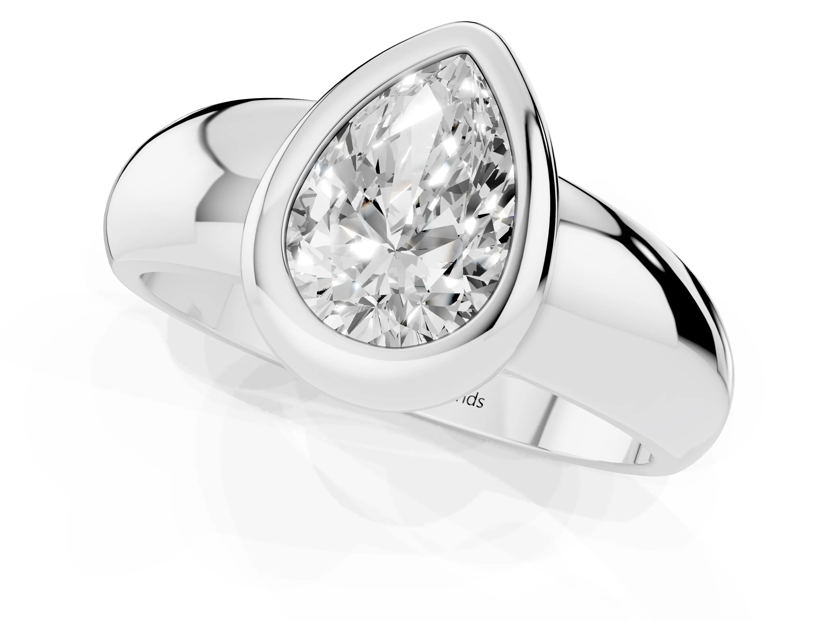 Bezel Set Pear Cut Diamond Solitaire Ring Set in Platinum with Wide Band