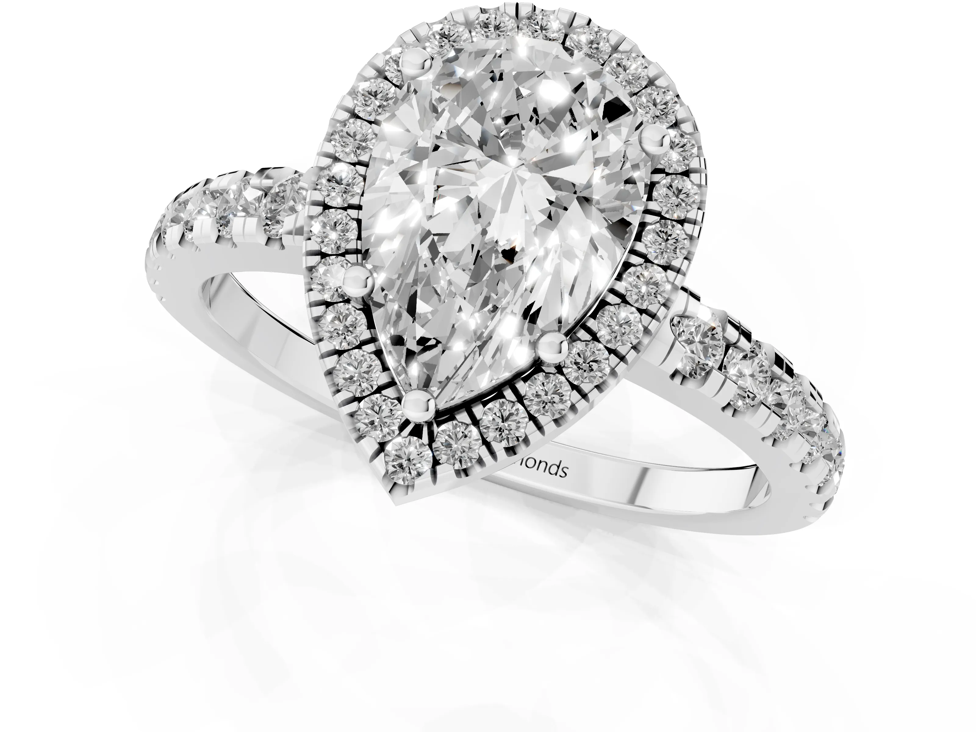 Pear Cut Diamond Halo Ring Set in White gold with Delicate Pavé Band and Prong Setting