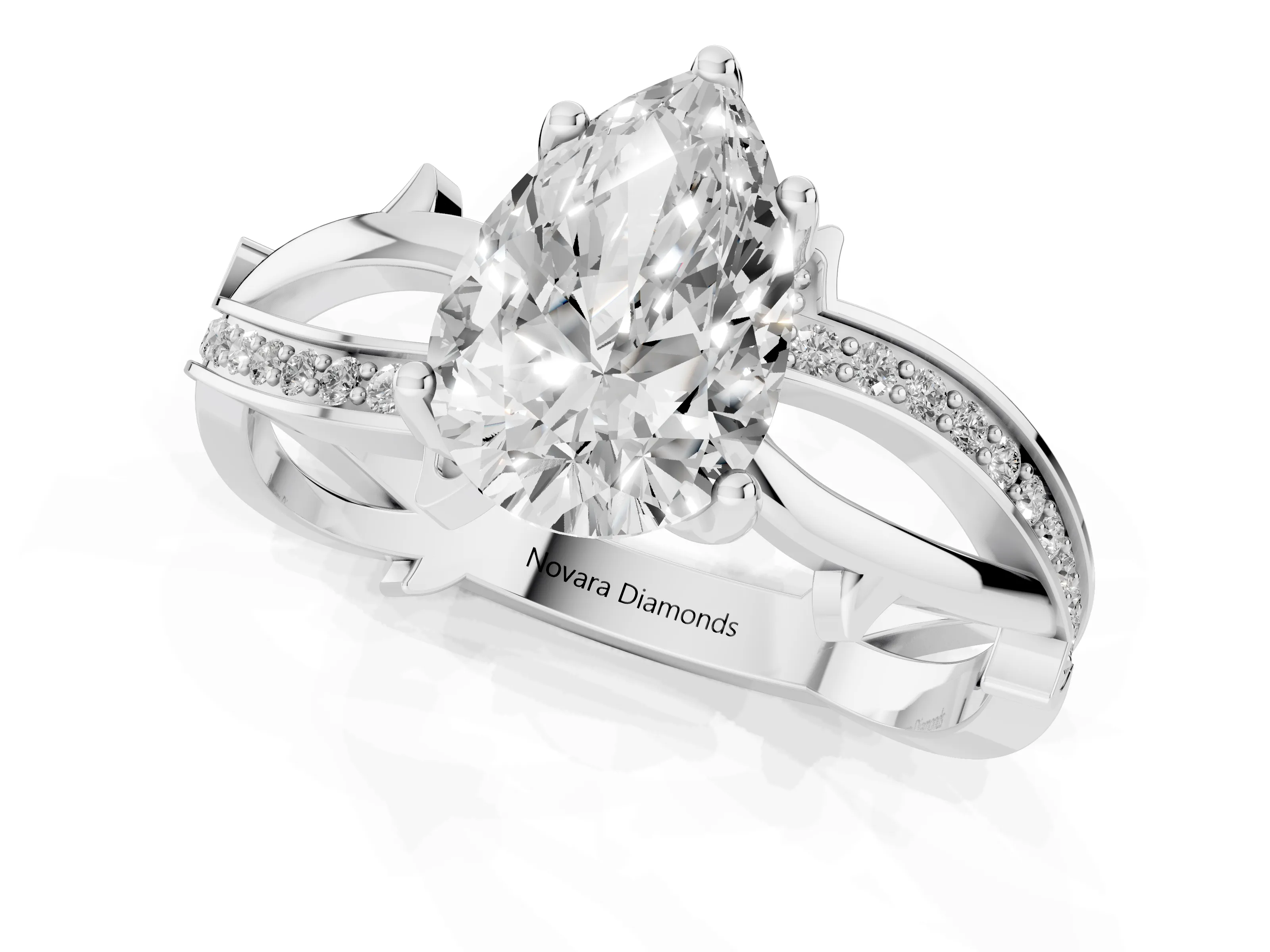 Pear Cut Diamond Pavé Twist Band Solitaire Ring Set in Platinum with Prong Setting