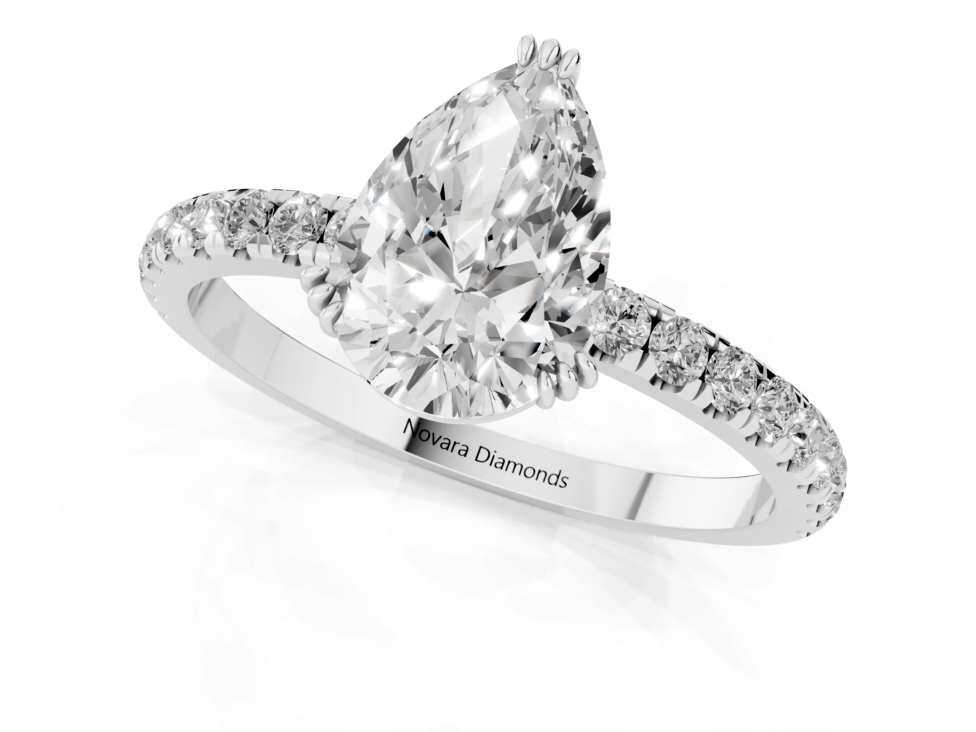 Pear Cut Diamond Brilliant Solitaire Set in White gold with Pavé Band and Claw Prong Setting – second view