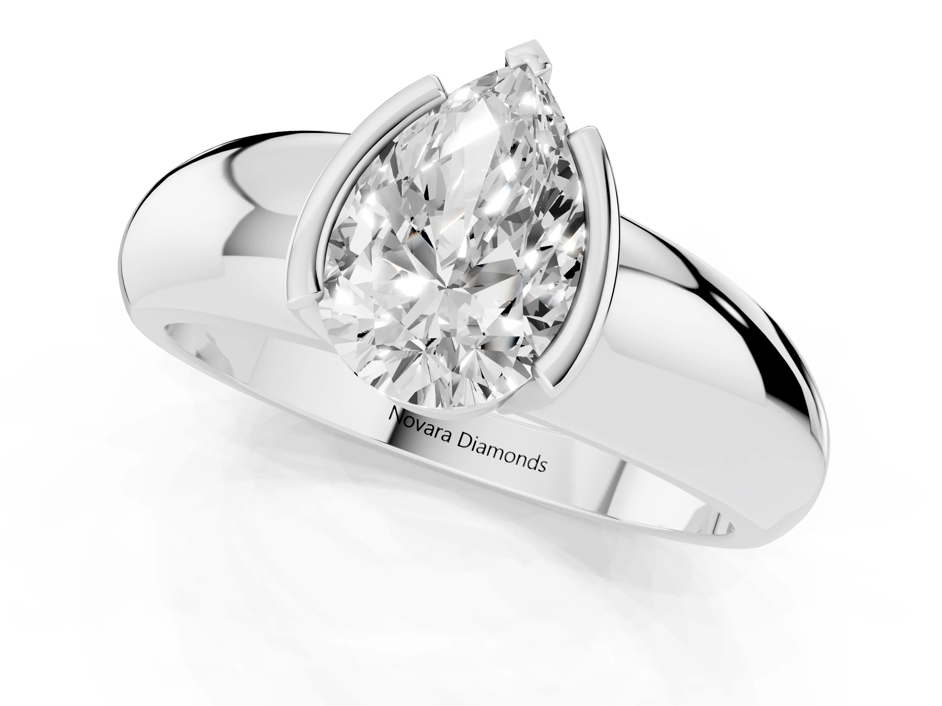 Pear Cut Diamond Solitaire Tension Set Ring Set in White gold with Wide Band